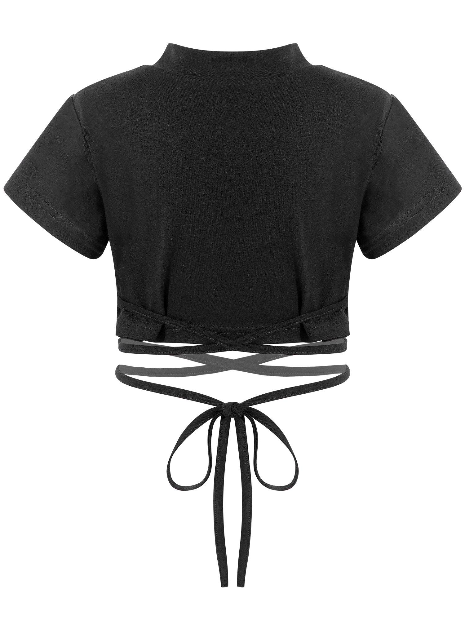 Kids Girls Round Neck Short Sleeve Cotton Sports Crop Top