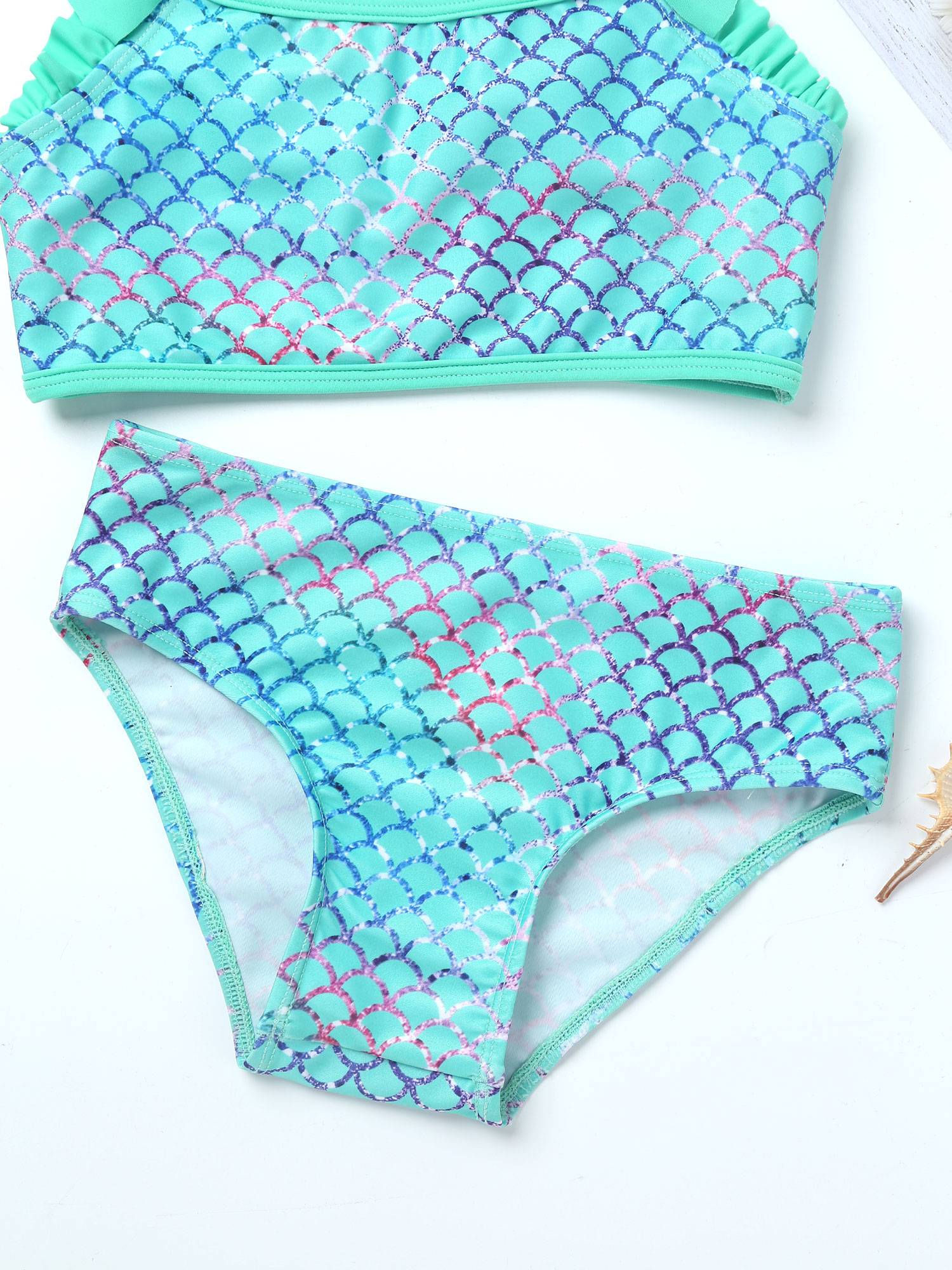 Kids Girls Two Pieces Ruffled Mermaid Tankini Swimsuit Set