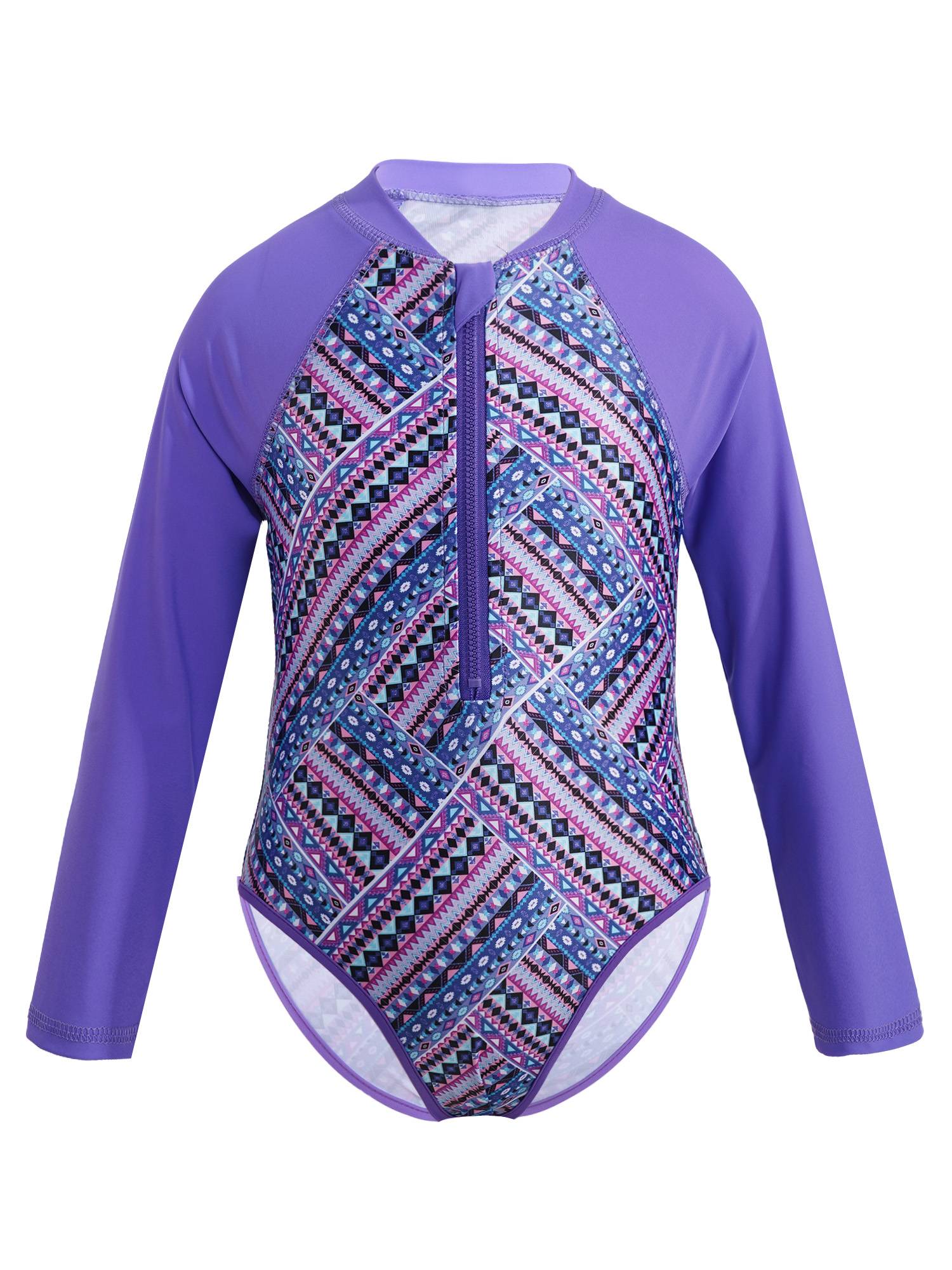 Kids Girls One-piece Long Sleeves Floral Printed Rash Guard Swimsuit