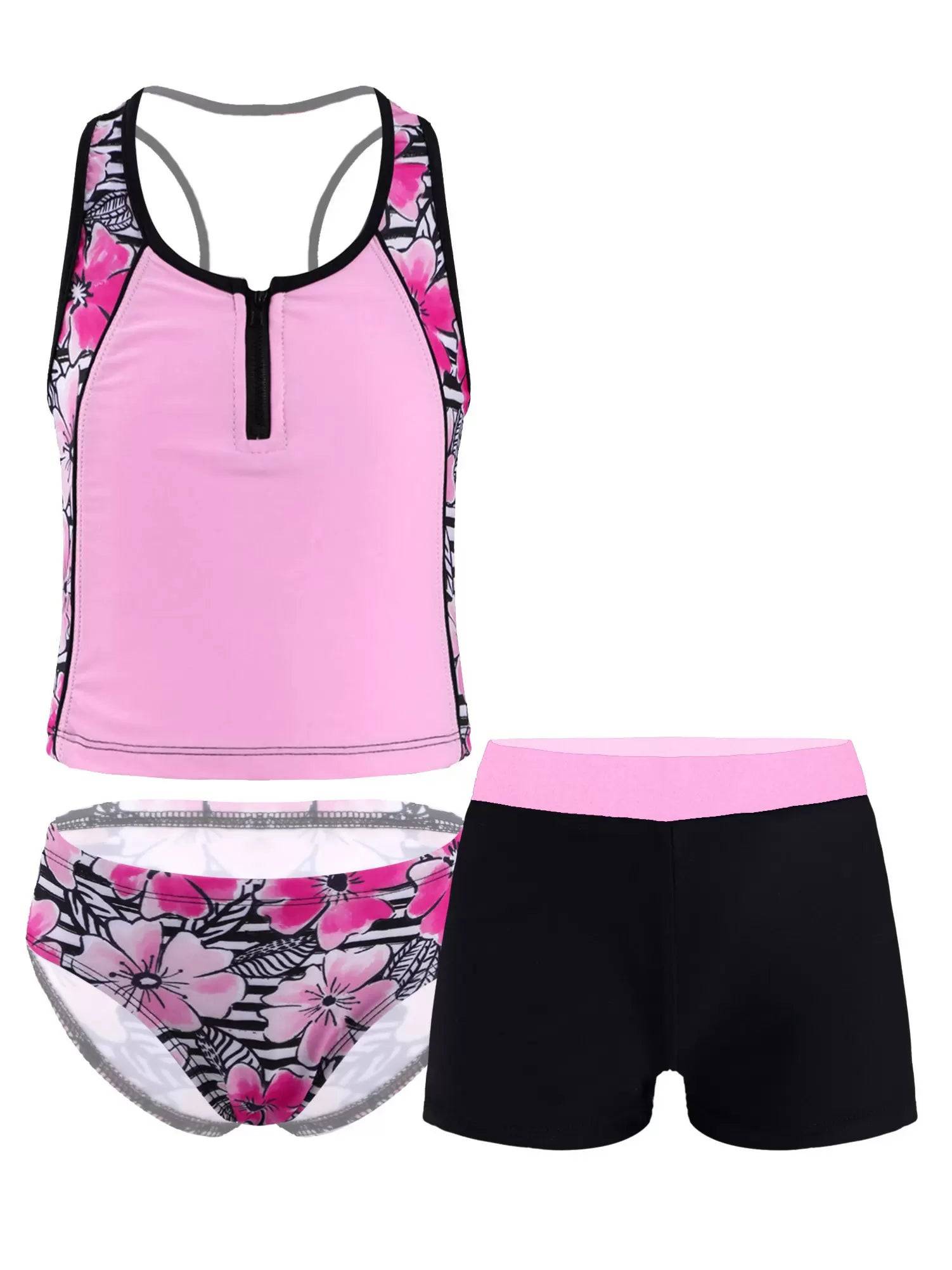 Girls 3 Piece Floral Print Swimwear Tankini Set