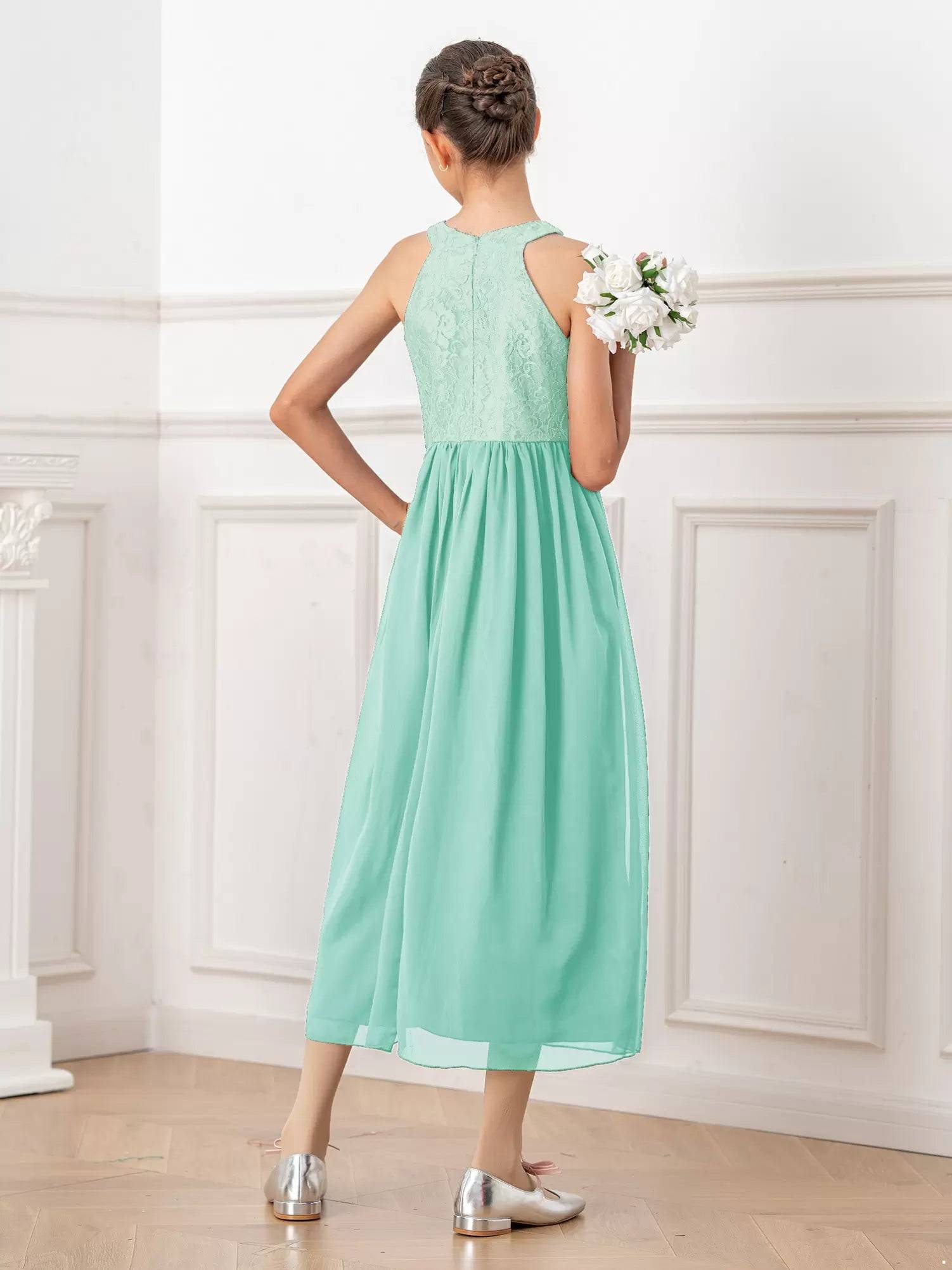 Kids Girls Halter Neck Floral Sequin Lace Dress