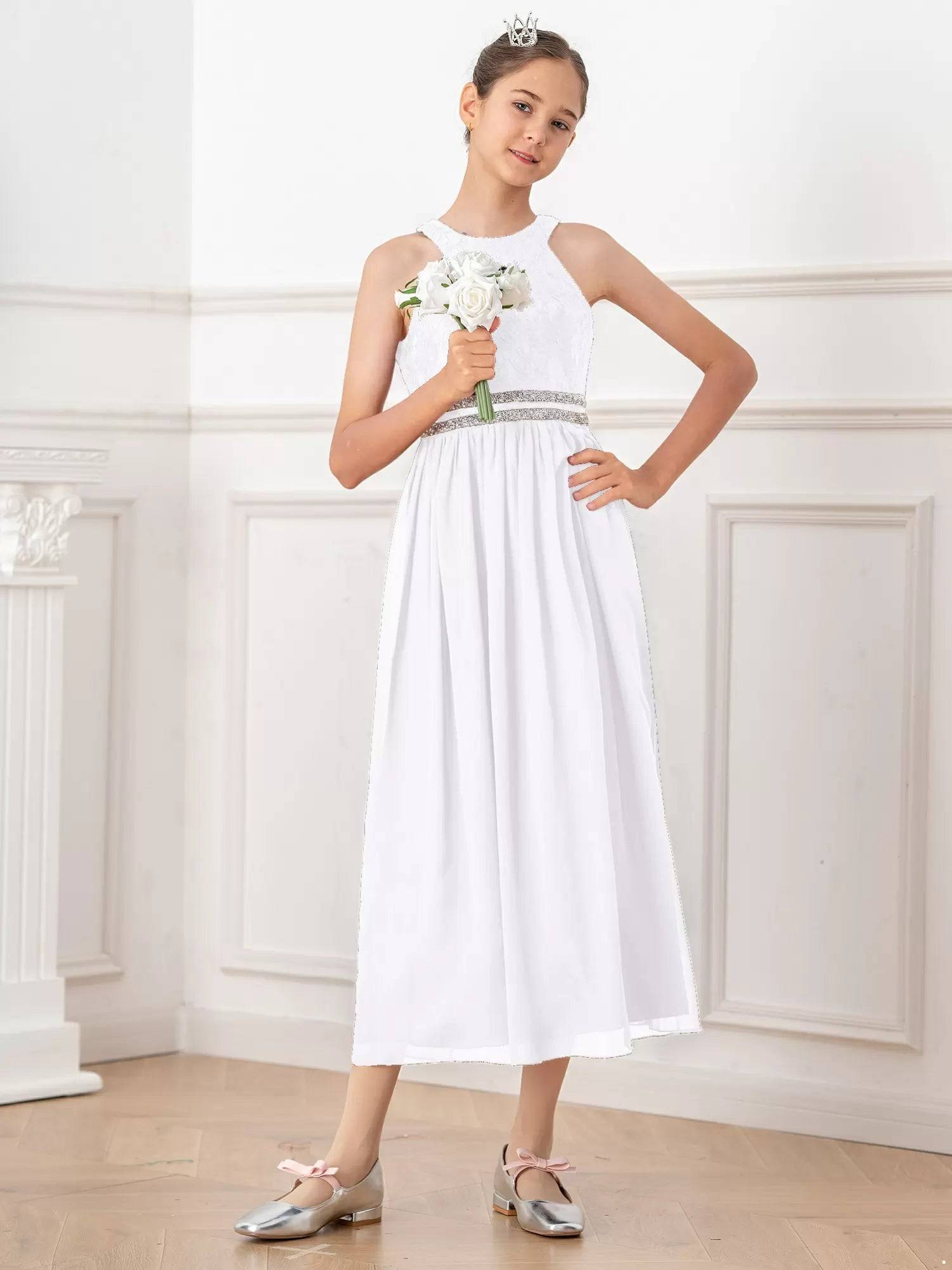 Kids Girls Halter Neck Floral Sequin Lace Dress