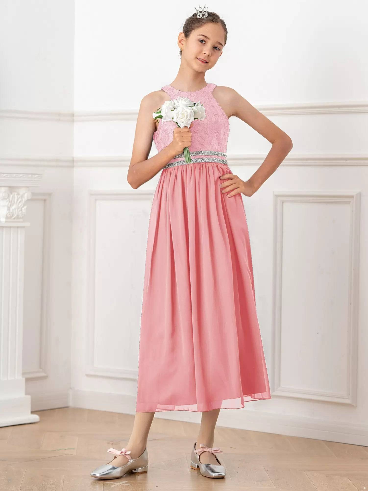 Kids Girls Halter Neck Floral Sequin Lace Dress