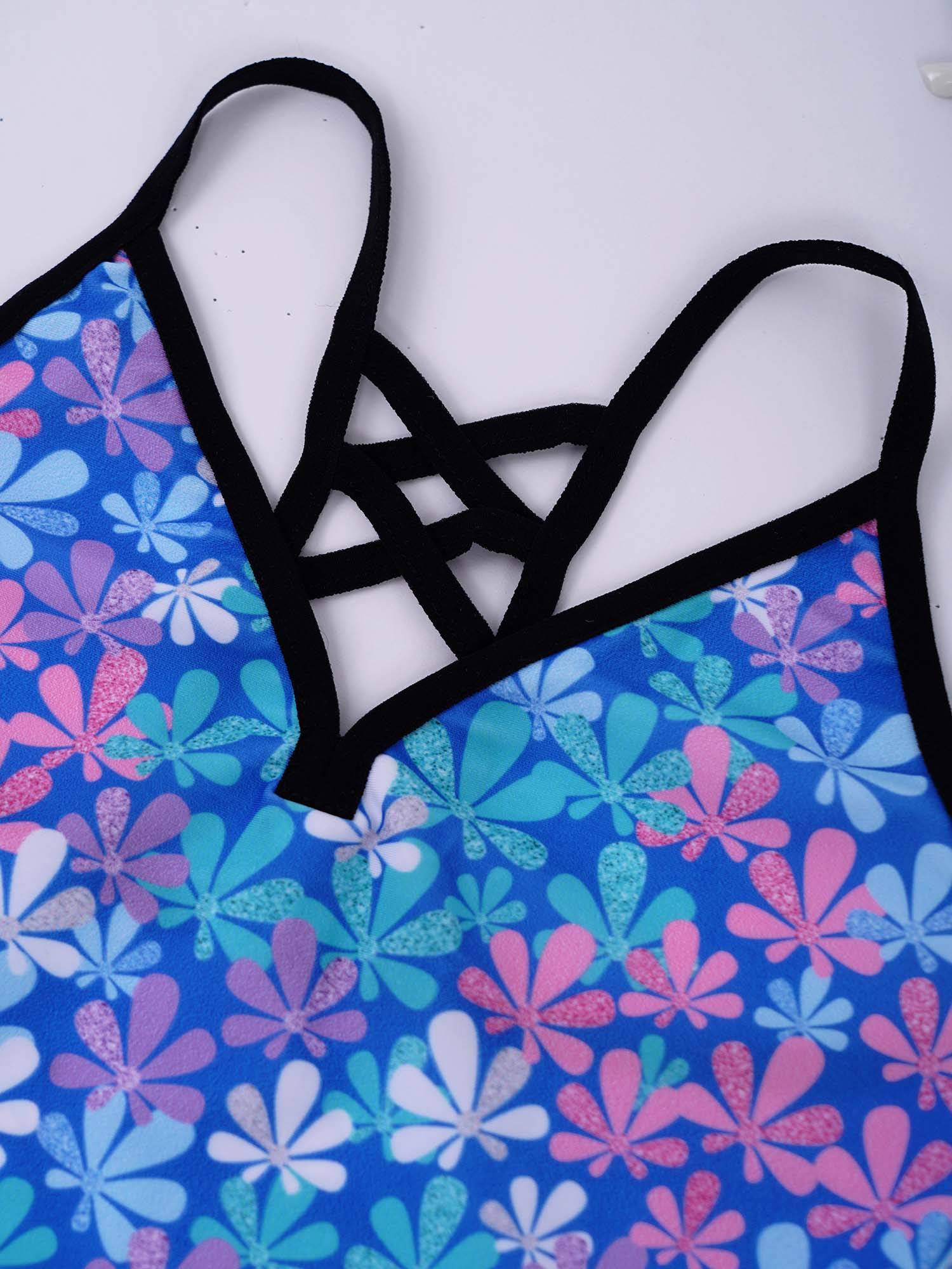 Kids Girls 3Pcs Floral Printed Tankini with Shorts Swimsuit Set