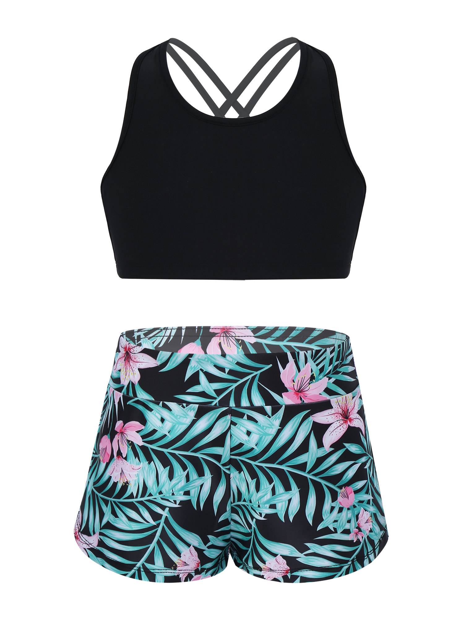 Kids Girls 2pcs Scoop Neck Straps Criss Cross Crop Top and Shorts Sports Set