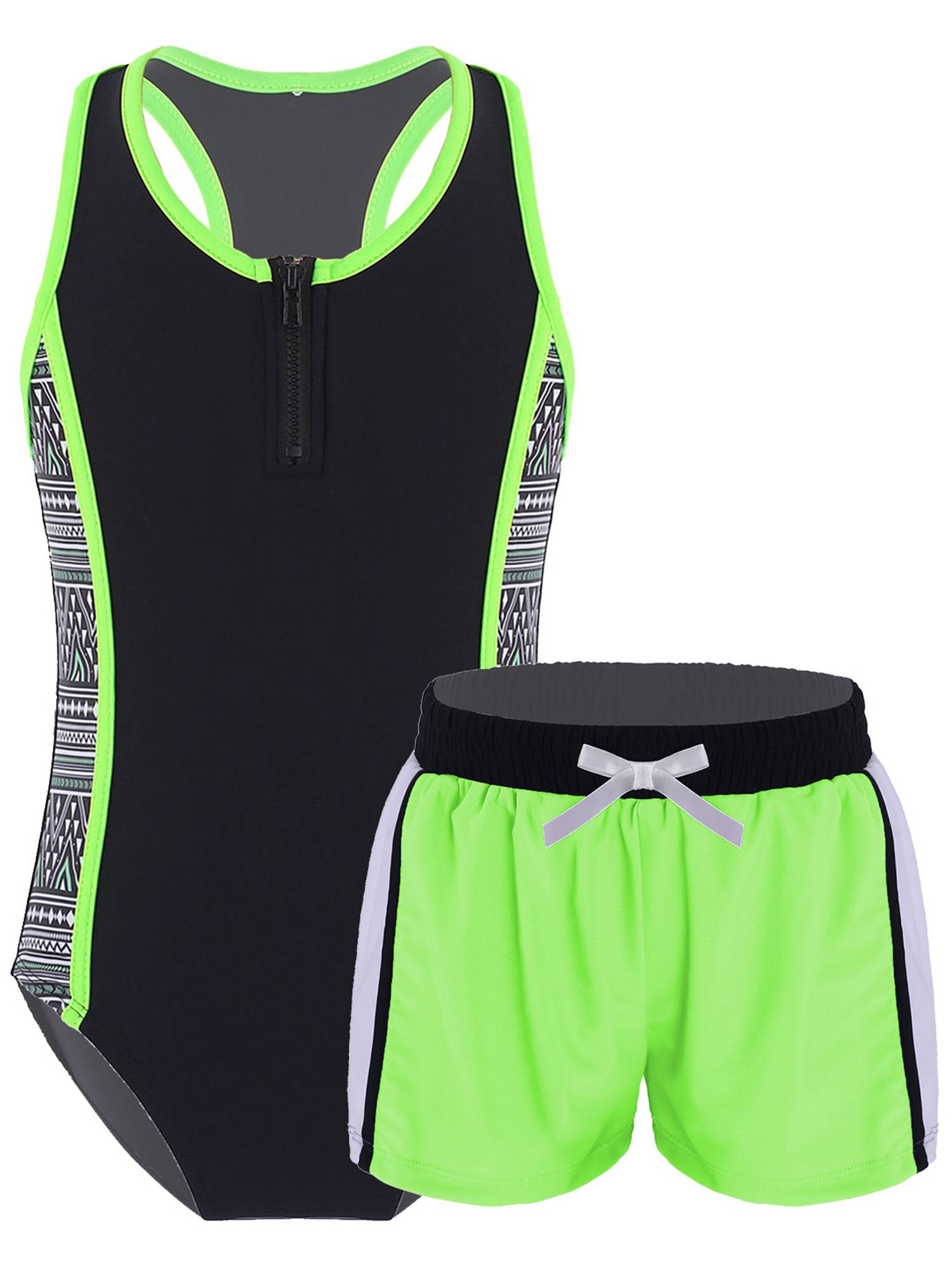 Kids Girls 2pcs Sleeveless Bodysuit and Boyshorts Swimsuit Set