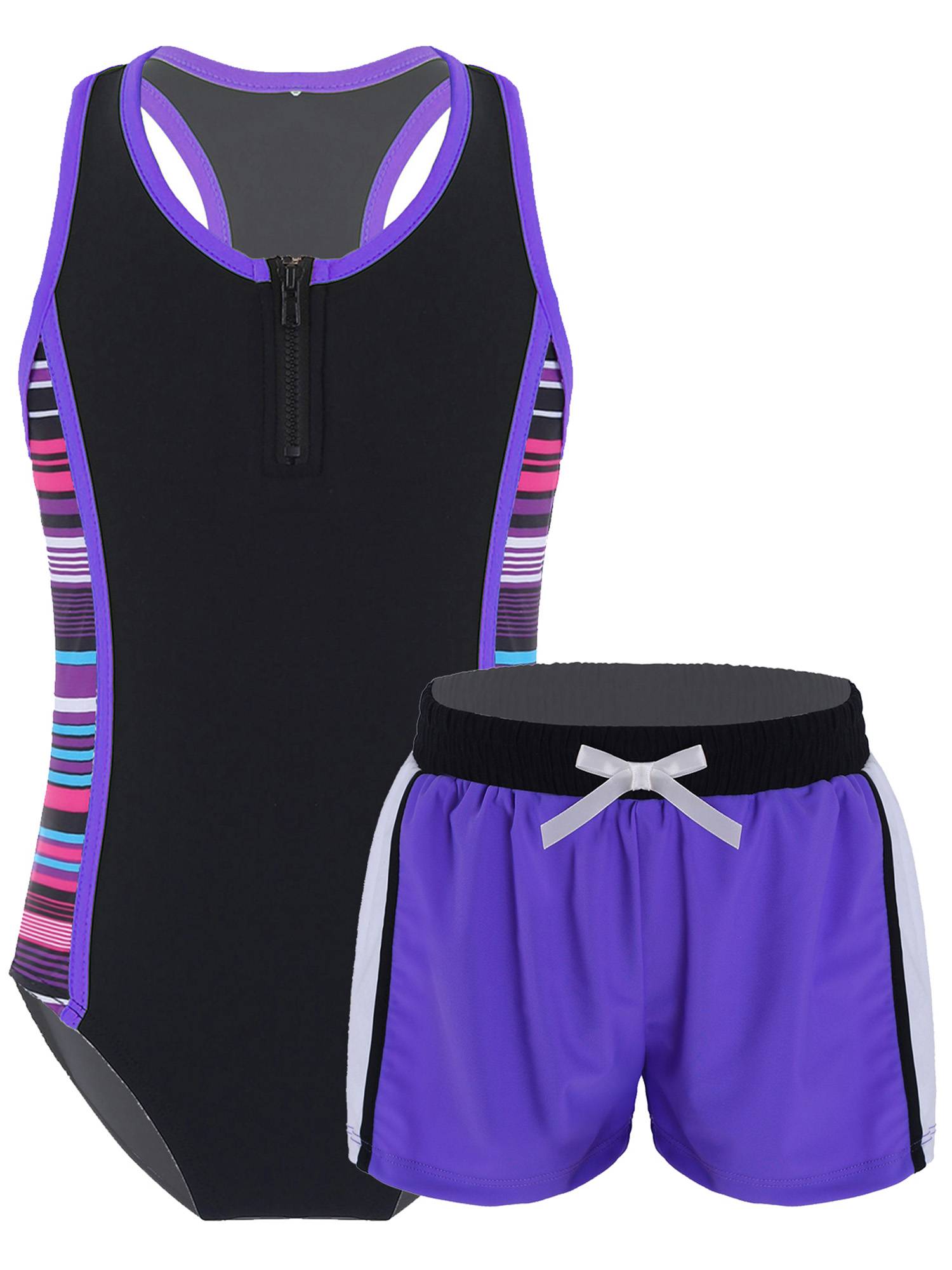 Kids Girls 2pcs Sleeveless Bodysuit and Boyshorts Swimsuit Set