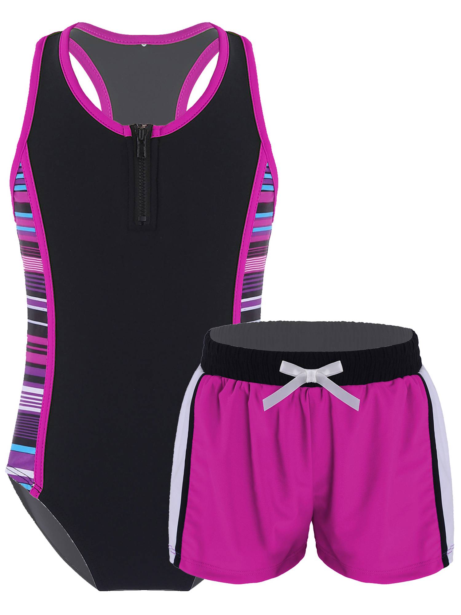 Kids Girls 2pcs Sleeveless Bodysuit and Boyshorts Swimsuit Set