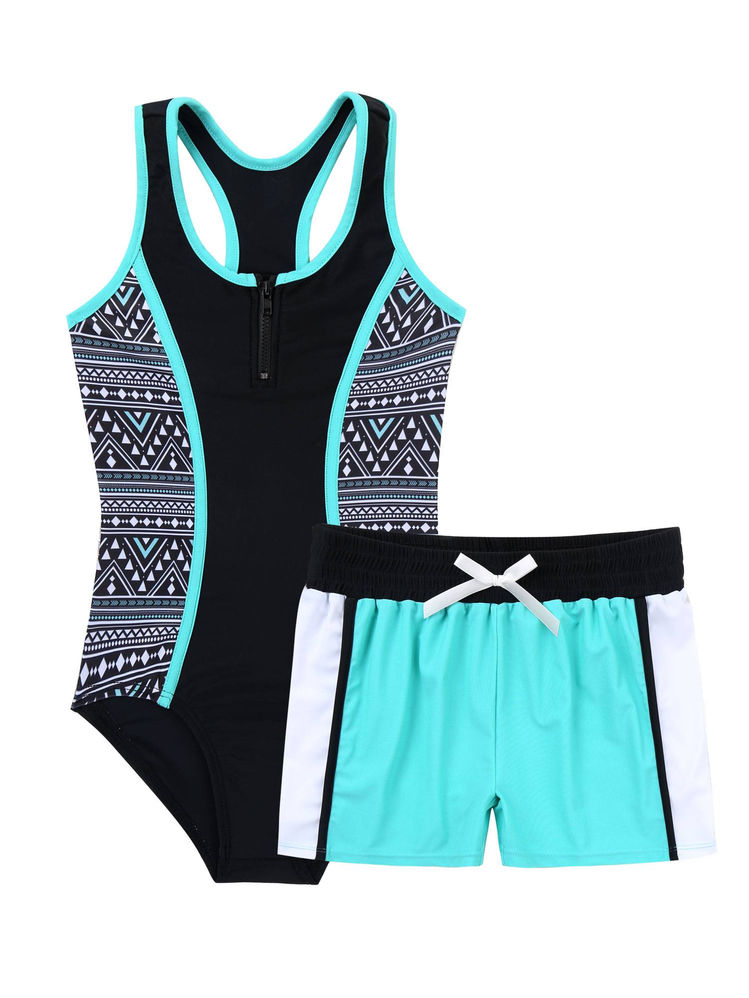 Kids Girls 2pcs Sleeveless Bodysuit and Boyshorts Swimsuit Set