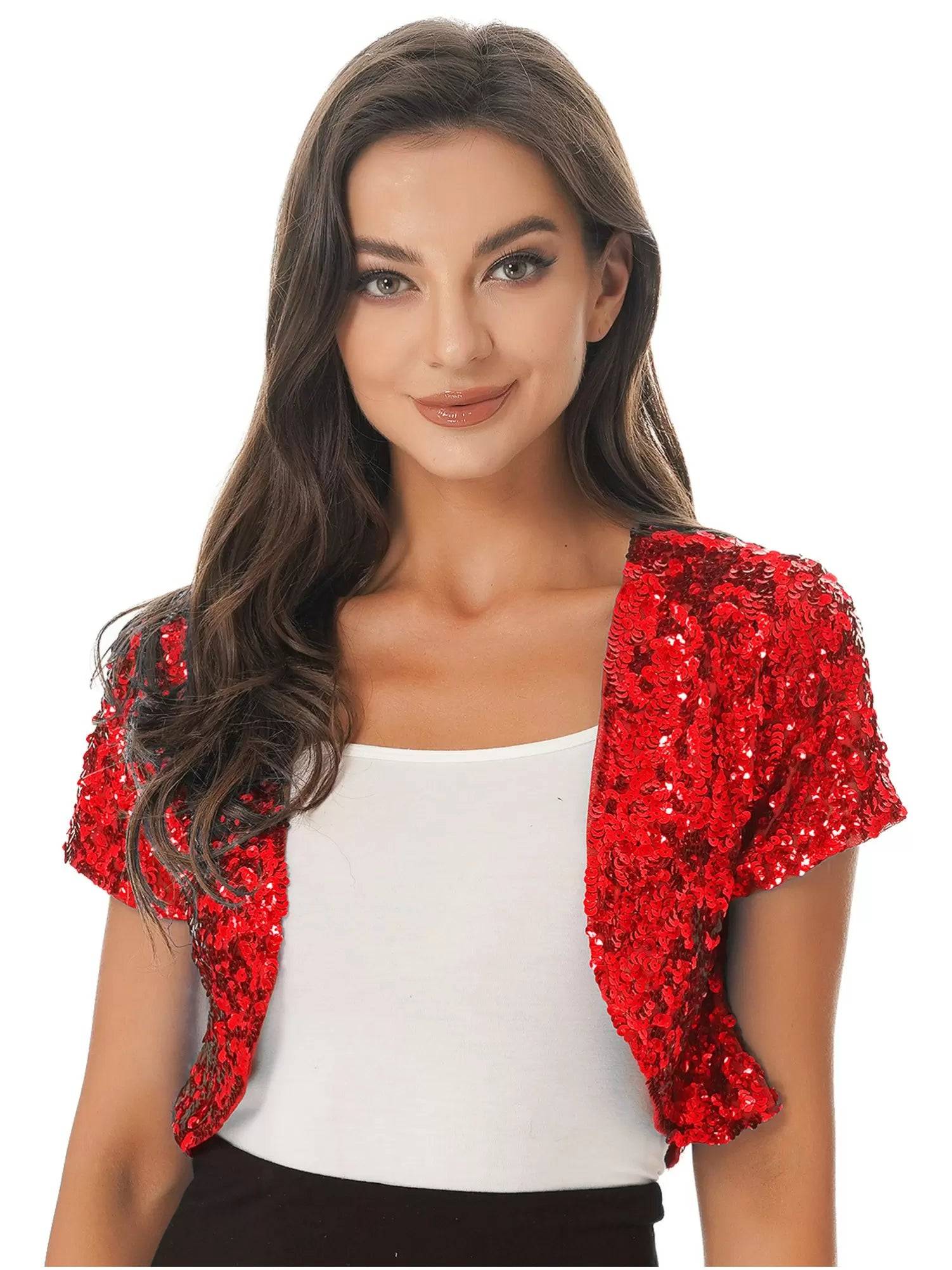 Women Sequin Cropped Jacket Shrug Glitter Waistcoat Cardigan