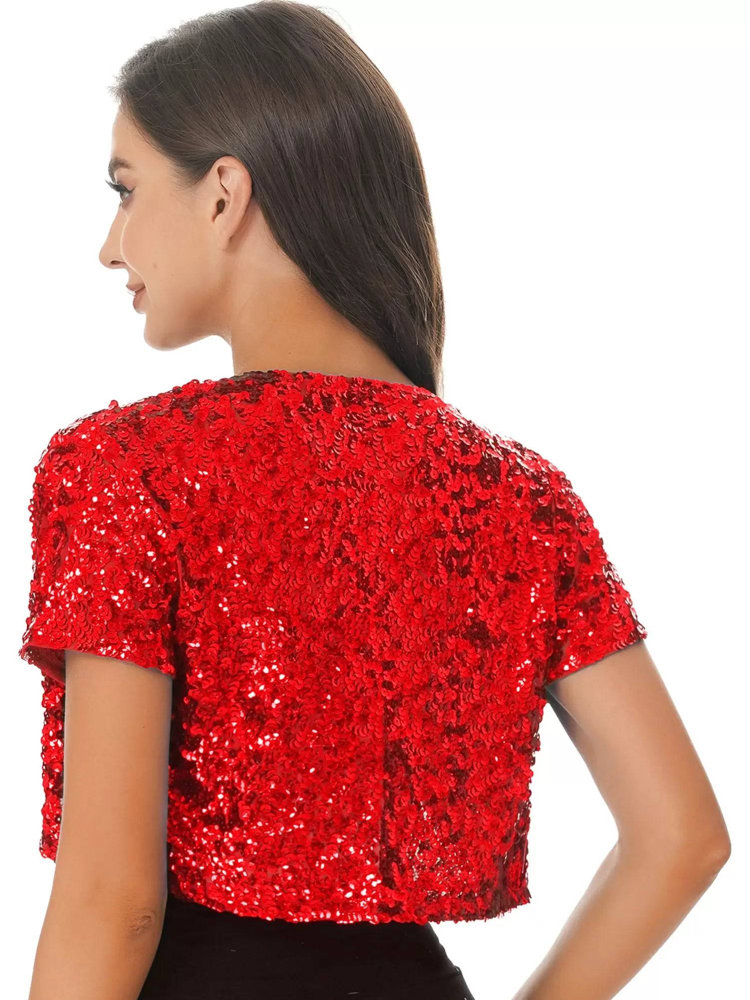 Women Sequin Cropped Jacket Shrug Glitter Waistcoat Cardigan