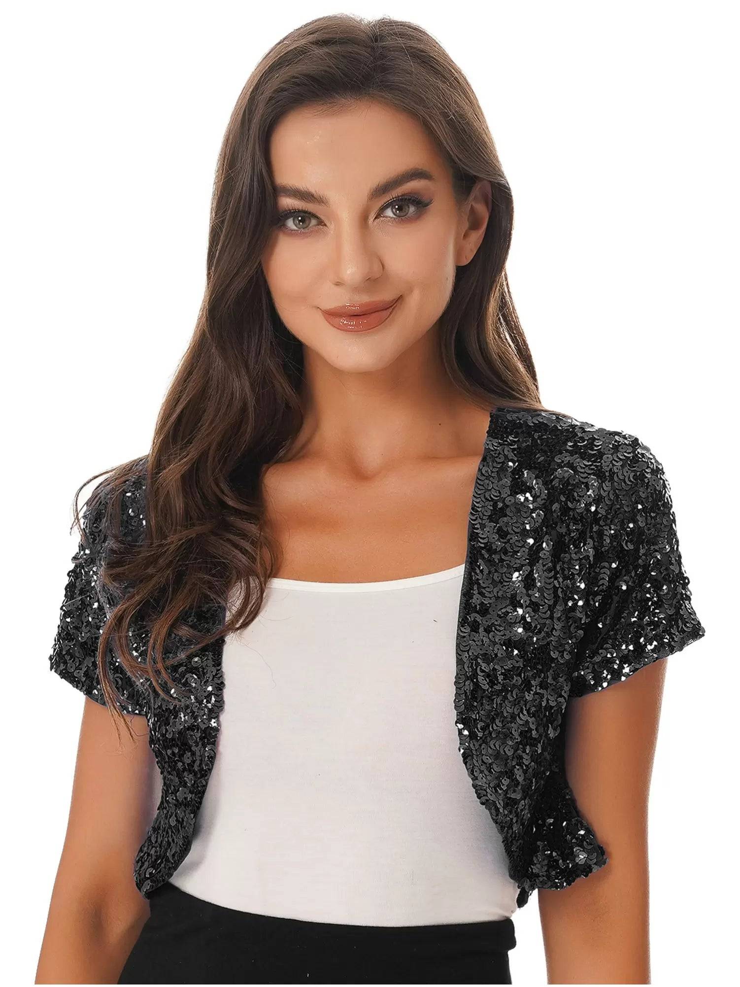 Women Sequin Cropped Jacket Shrug Glitter Waistcoat Cardigan