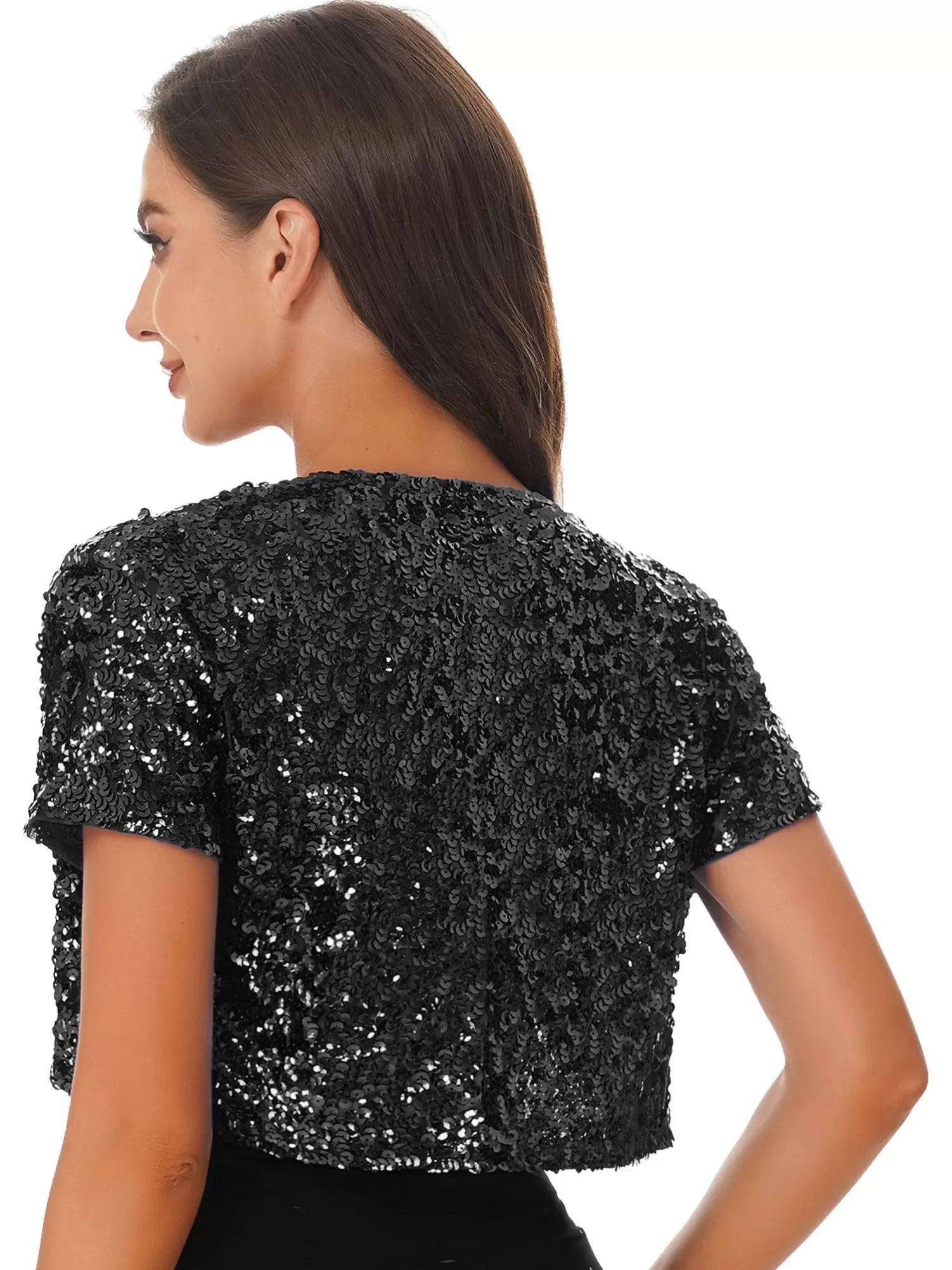 Women Sequin Cropped Jacket Shrug Glitter Waistcoat Cardigan
