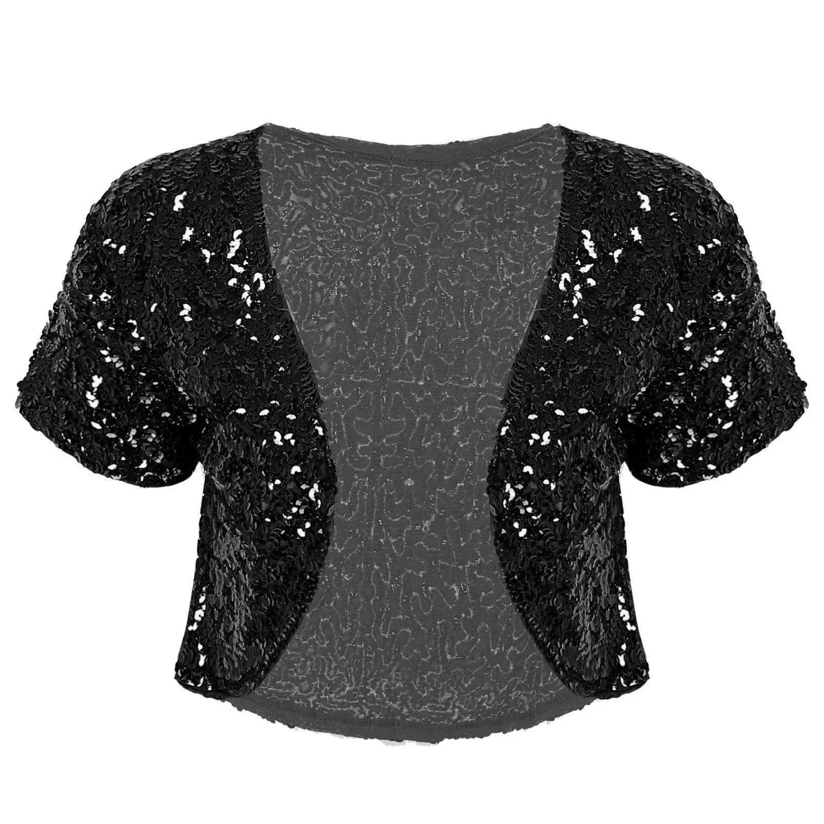 Women Sequin Cropped Jacket Shrug Glitter Waistcoat Cardigan