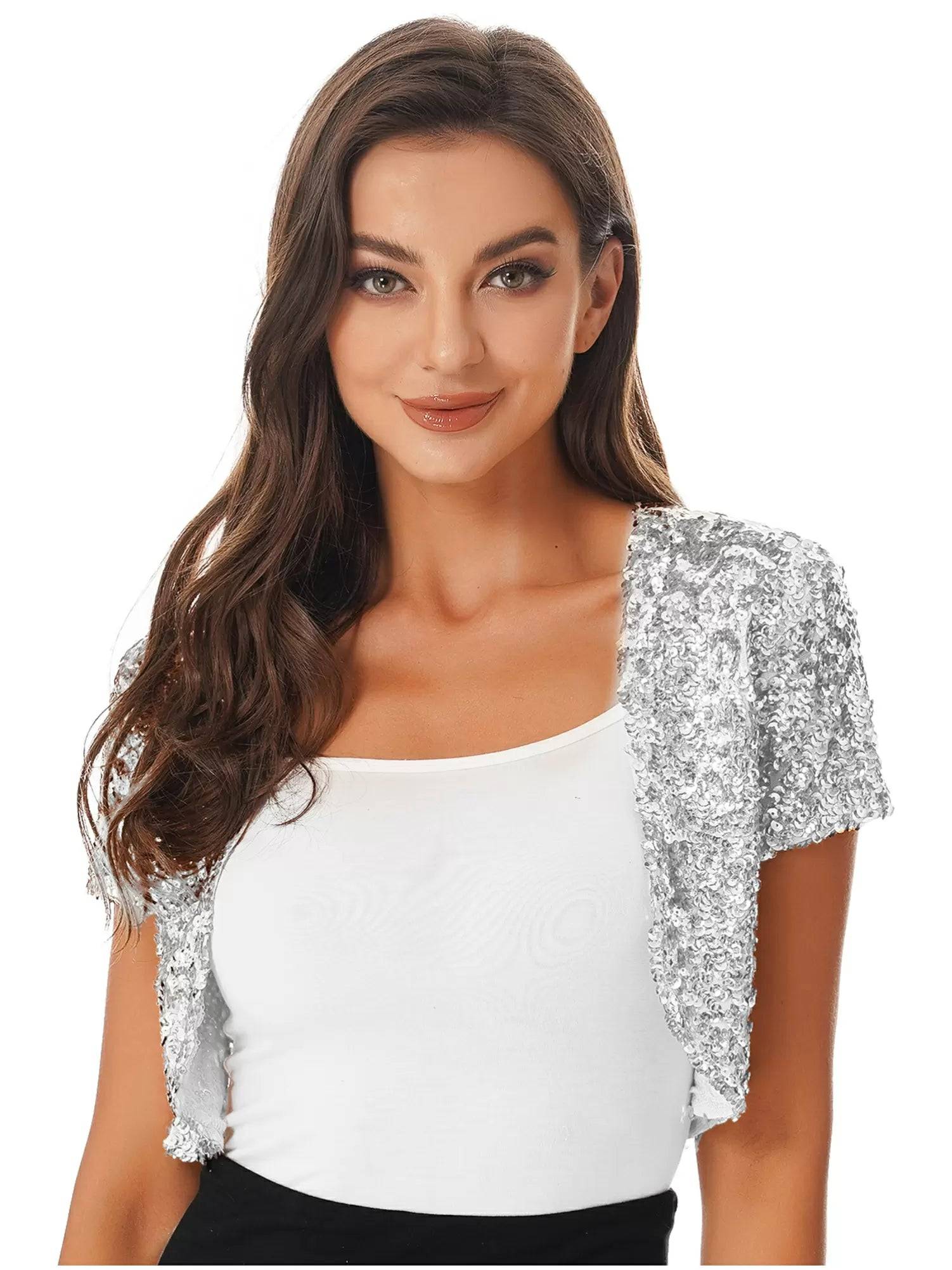 Women Sequin Cropped Jacket Shrug Glitter Waistcoat Cardigan