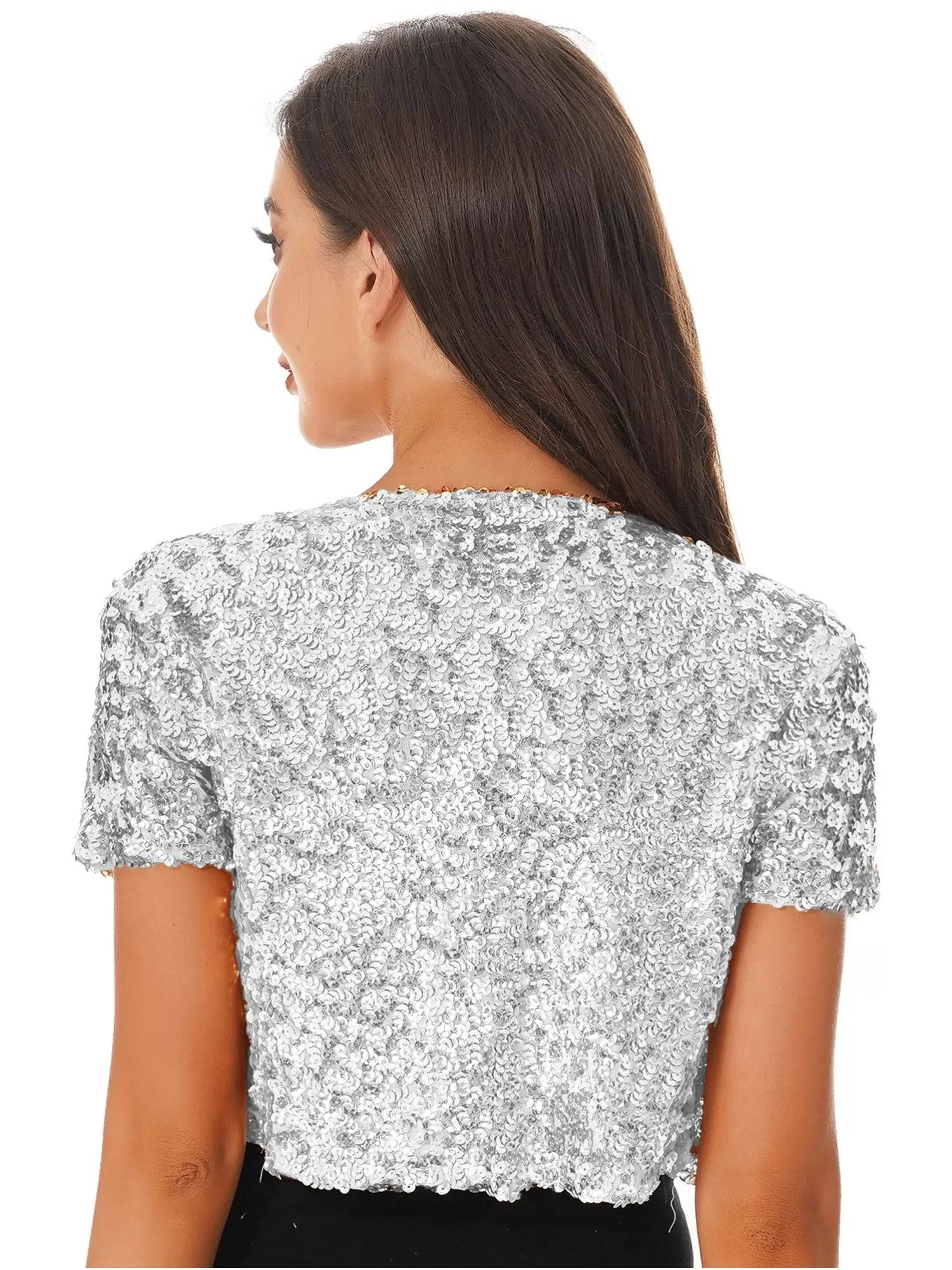 Women Sequin Cropped Jacket Shrug Glitter Waistcoat Cardigan