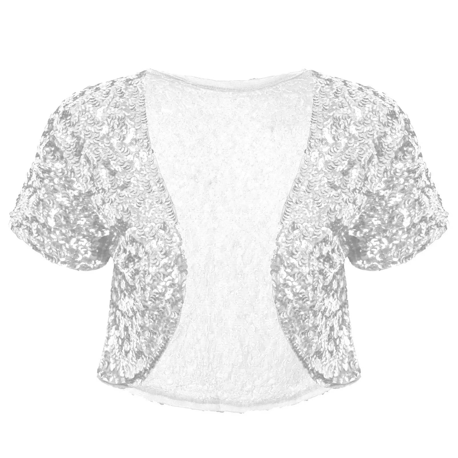 Women Sequin Cropped Jacket Shrug Glitter Waistcoat Cardigan