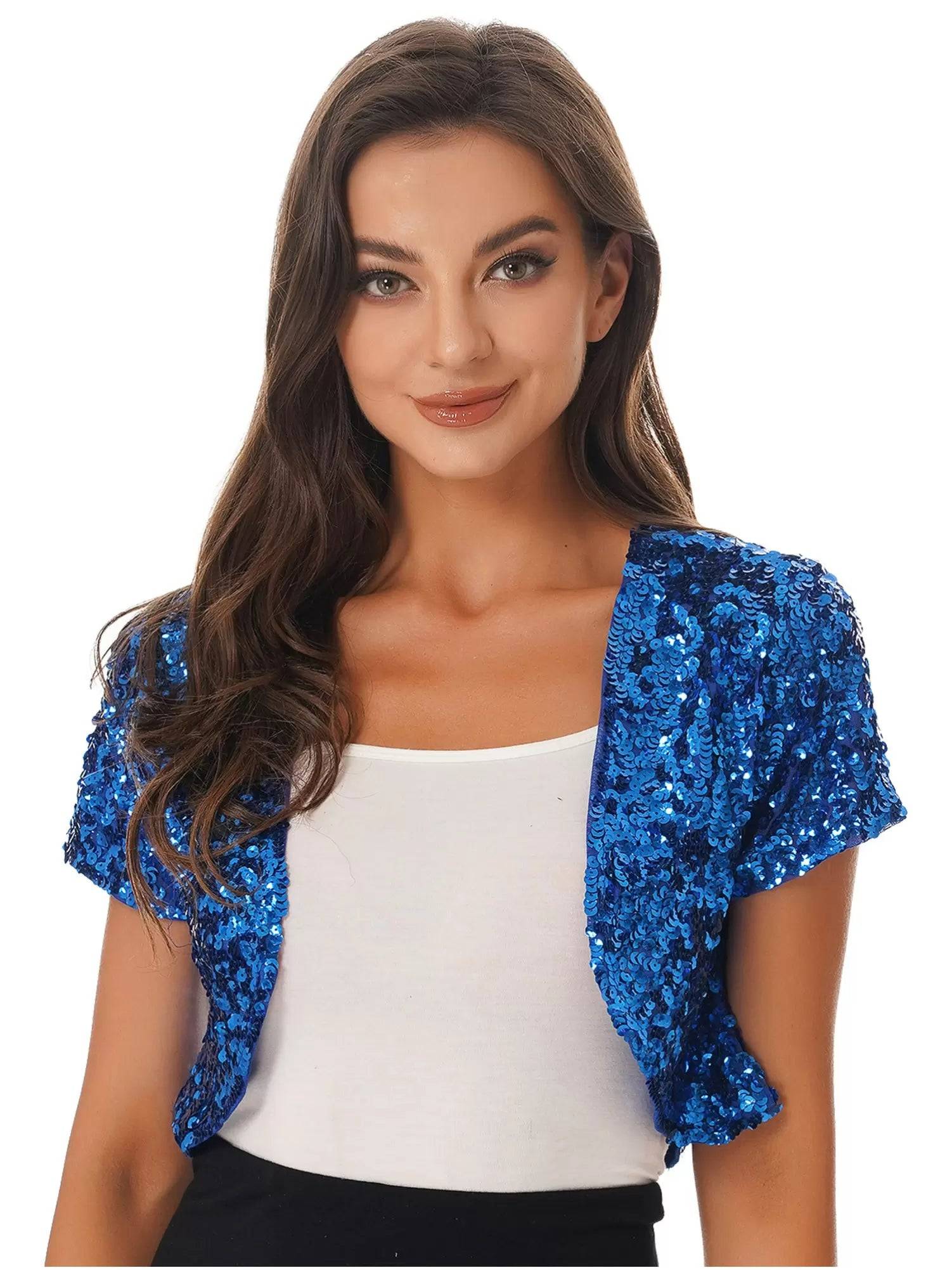 Women Sequin Cropped Jacket Shrug Glitter Waistcoat Cardigan