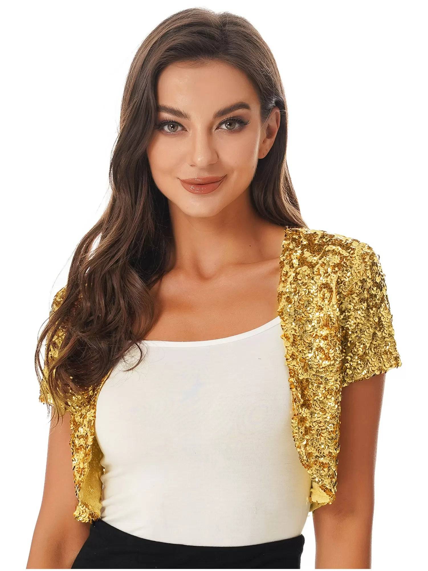 Women Sequin Cropped Jacket Shrug Glitter Waistcoat Cardigan