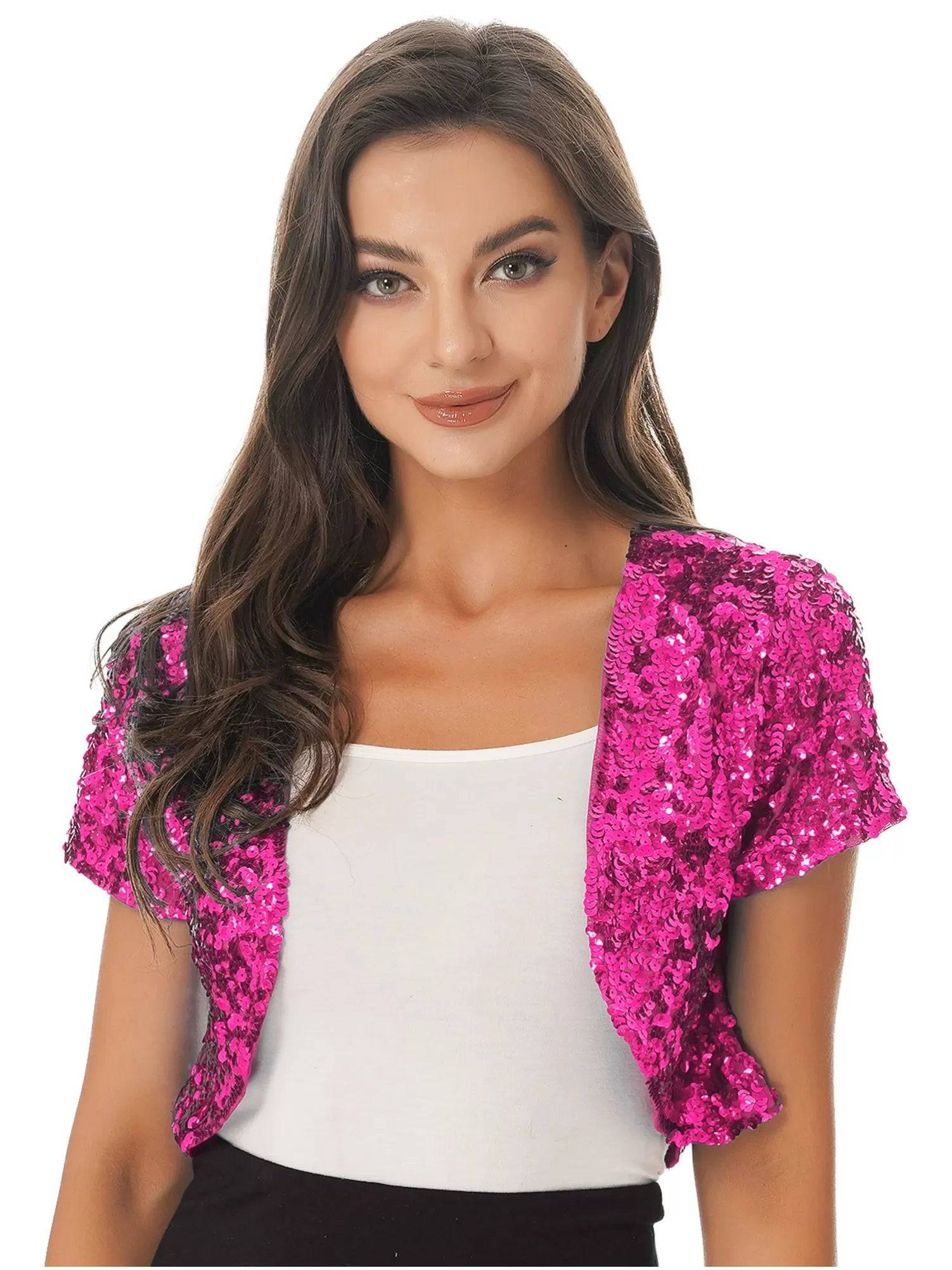 Women Sequin Cropped Jacket Shrug Glitter Waistcoat Cardigan