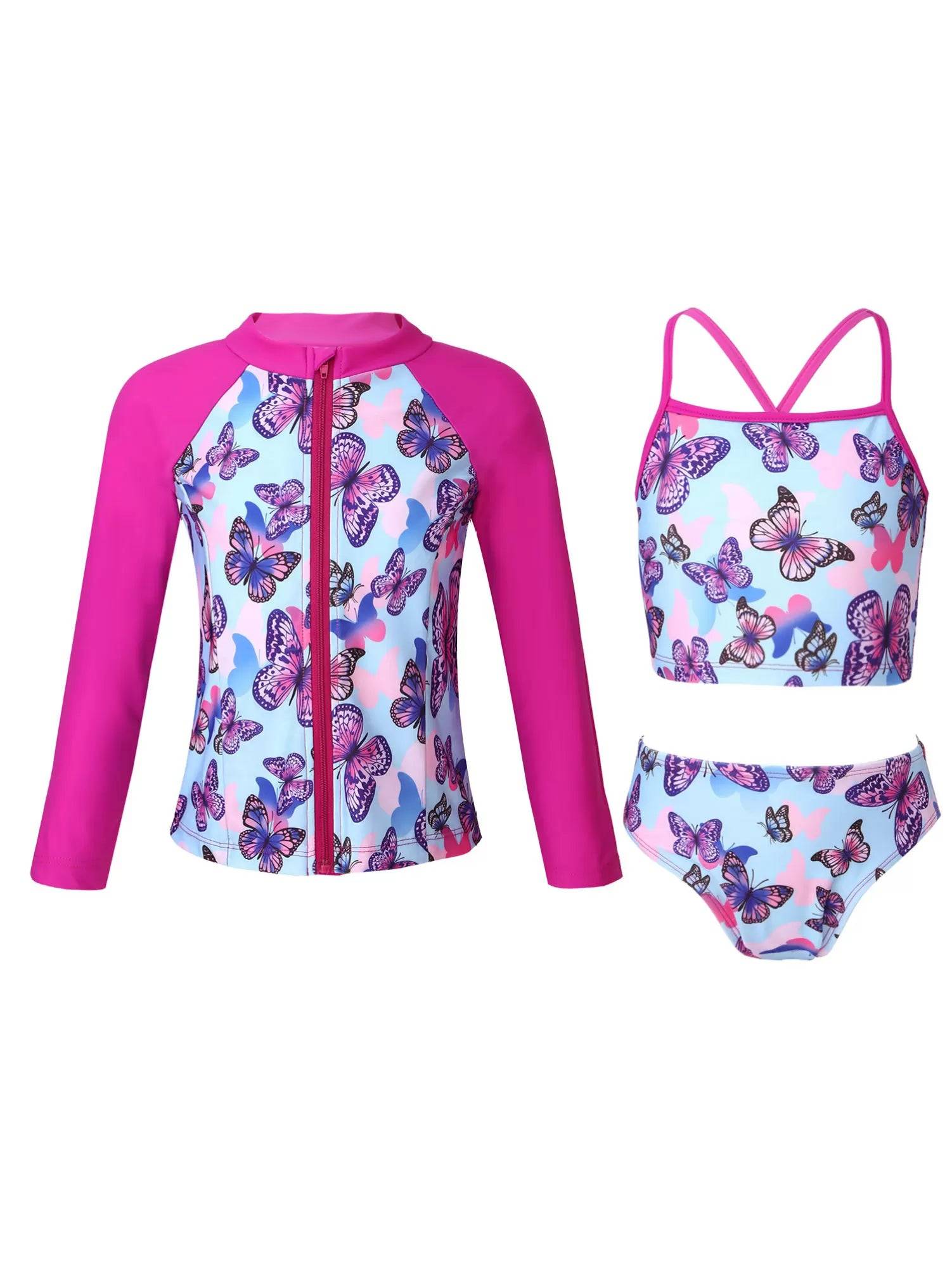 Kids Girls 3Pcs Butterfly Tankini and Rash Guard Swimsuit Set