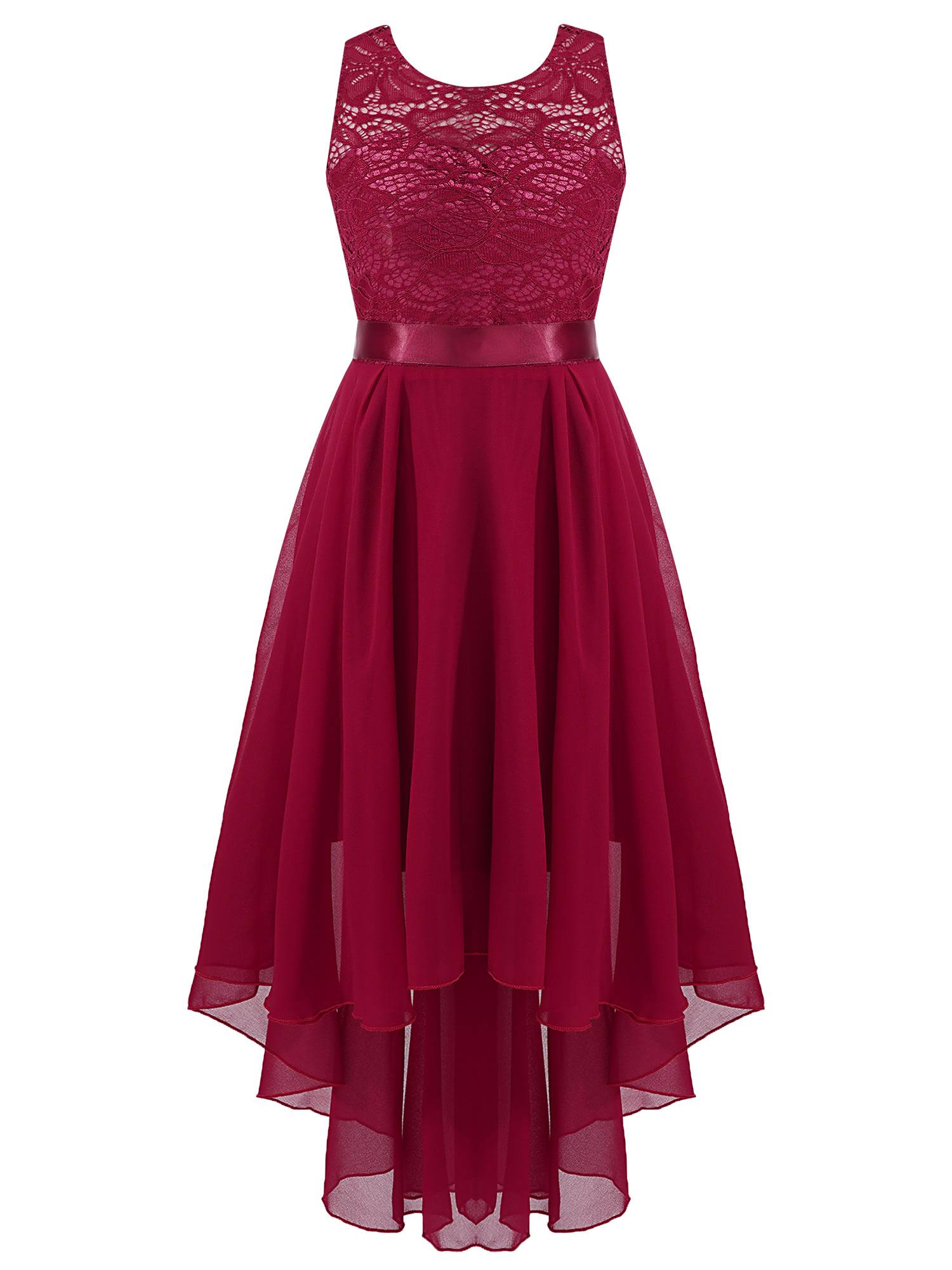 Kids Girls Sleeveless Lace Floral High-Low Chiffon Dress