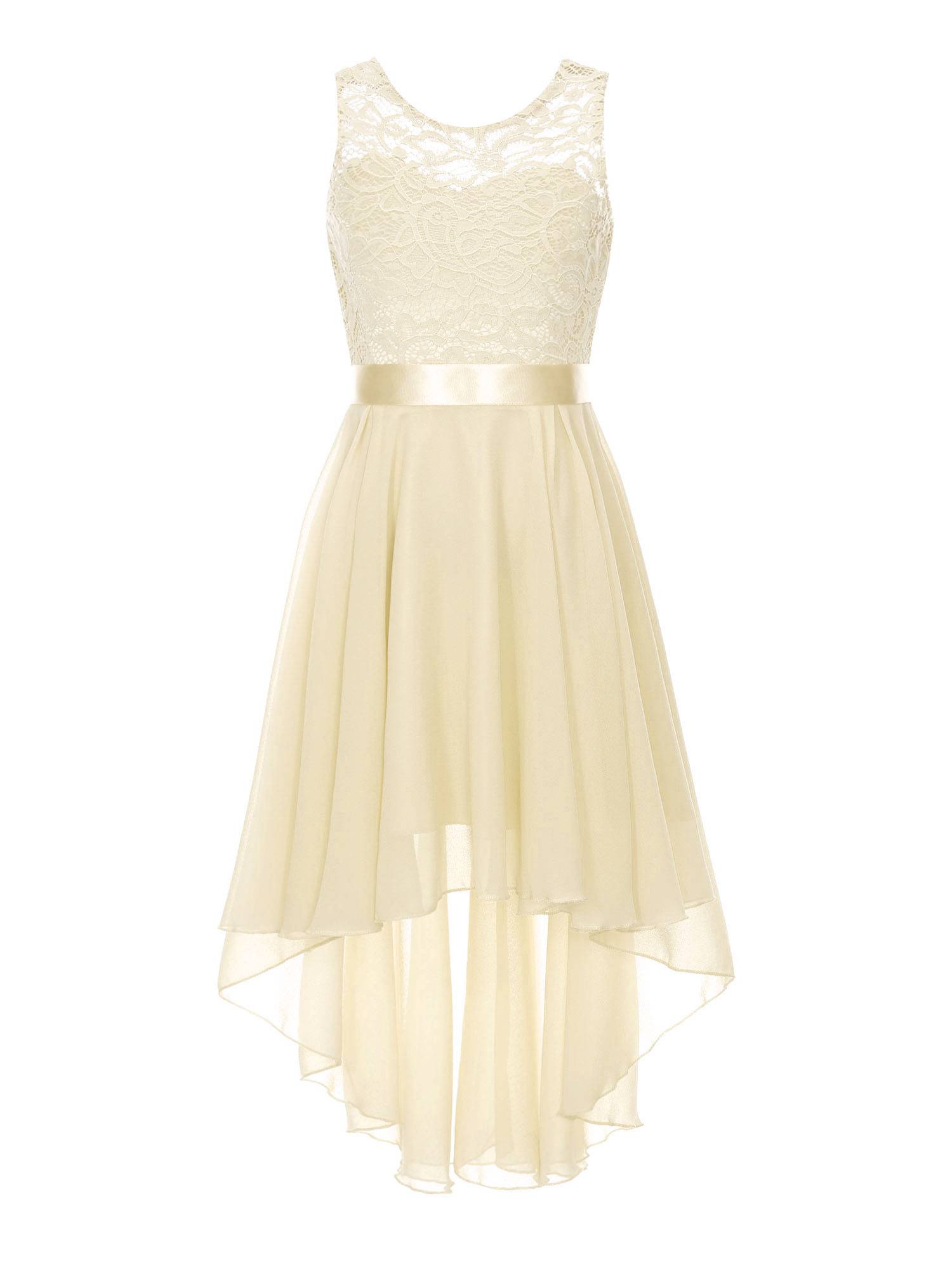 Kids Girls Sleeveless Lace Floral High-Low Chiffon Dress