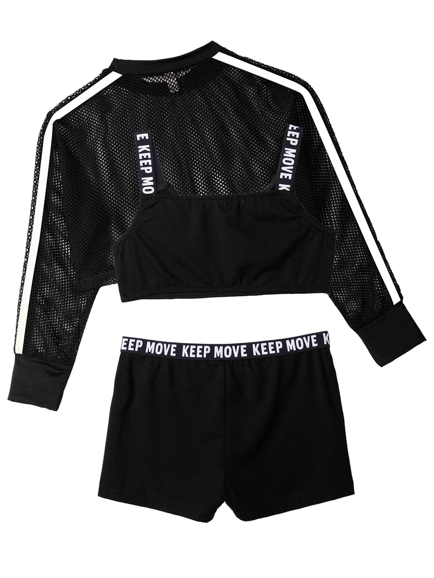 Kids Girls 3pcs Crop Vest with Cover Up and Shorts Gym Sport Set