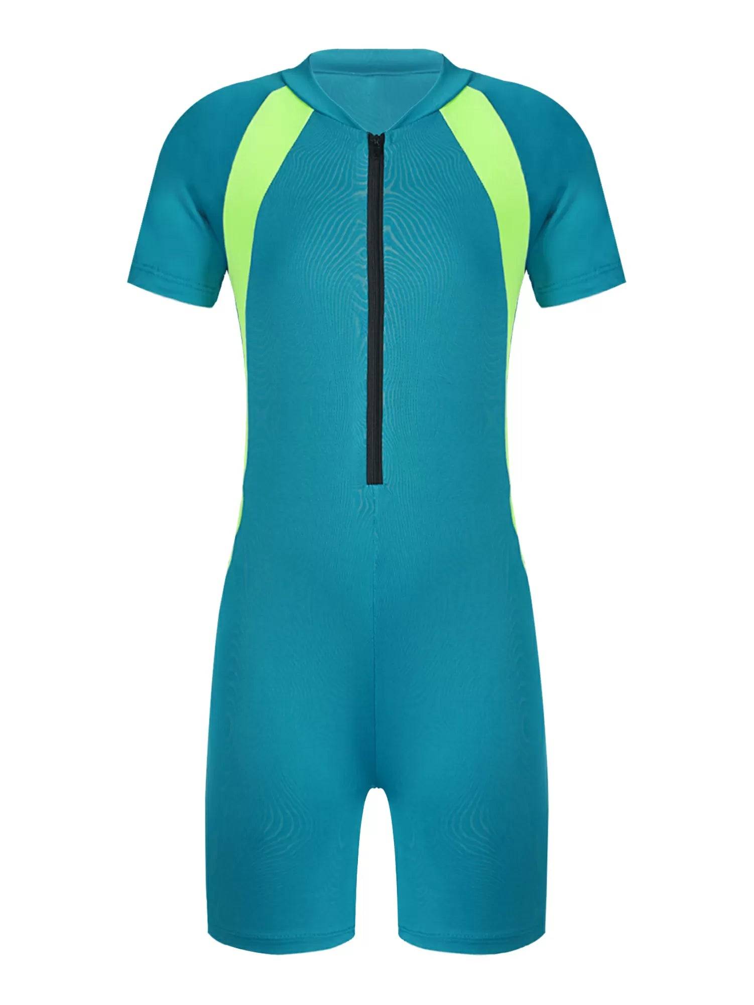 Kids Girls One-piece Rash Guard Short Sleeves Zippered Swimsuit