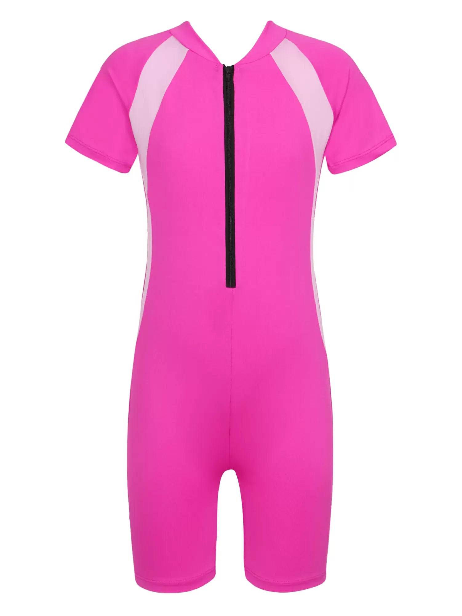 Kids Girls One-piece Rash Guard Short Sleeves Zippered Swimsuit