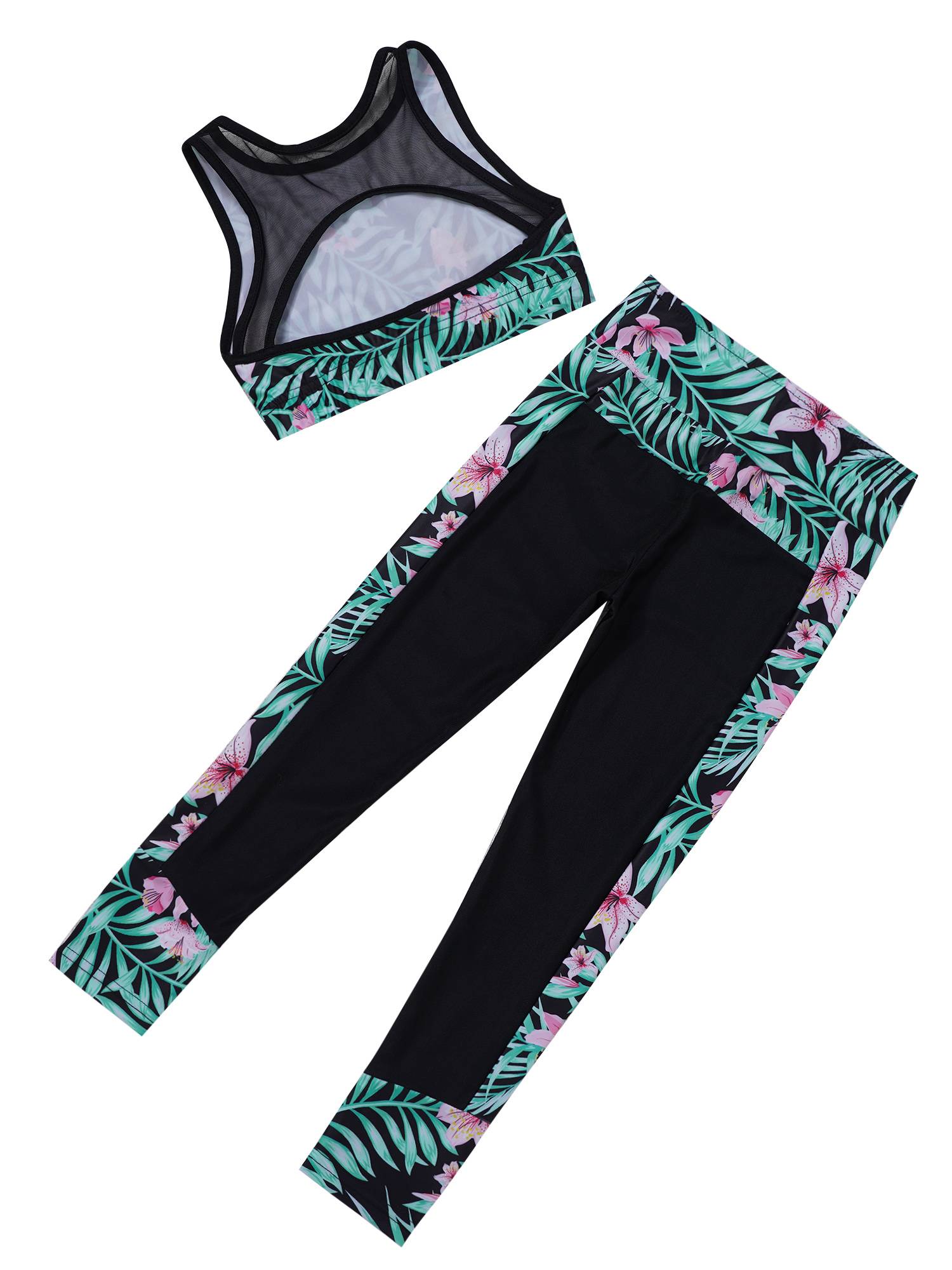 Kids Girls 2pcs Sleeveless Mesh Racer Back Crop Top and Leggings Sports Set