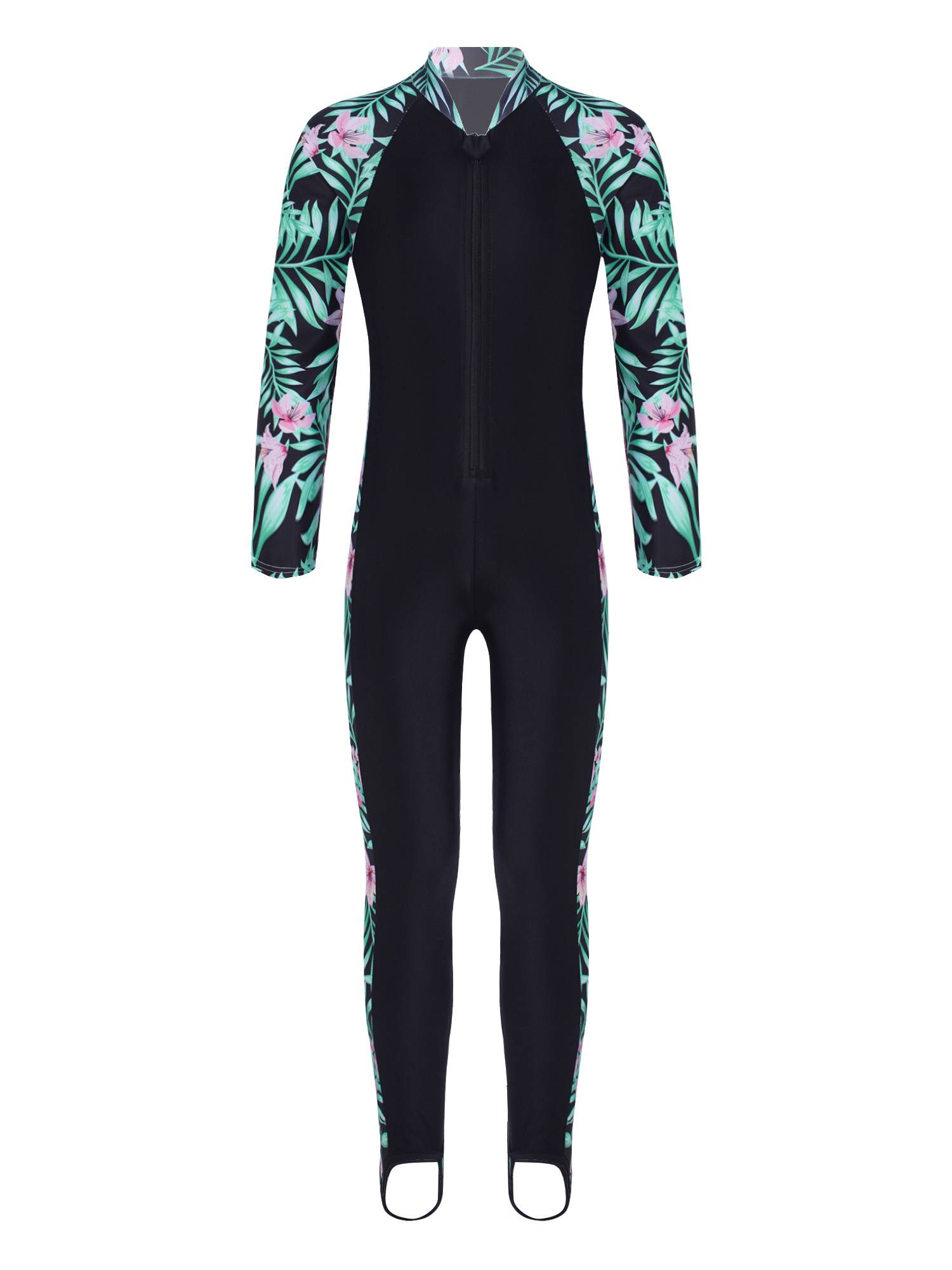 Kids Girls Long Sleeves Zipper Rash Guard One Piece Swimsuit