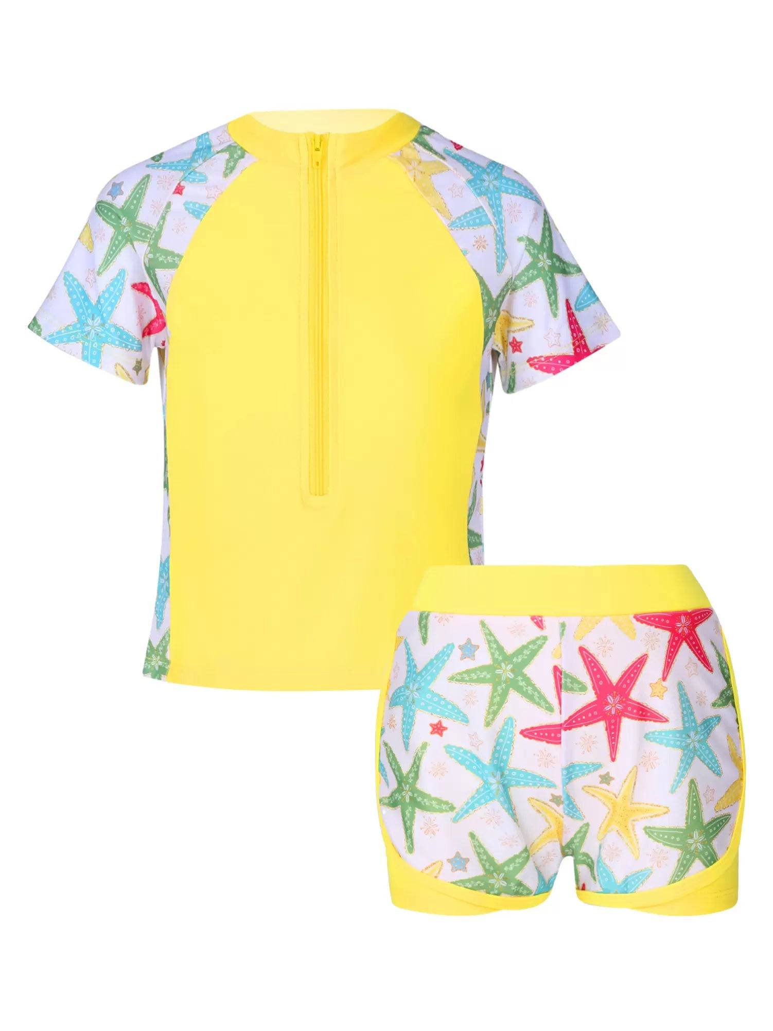 Kids Girls 2Pcs Short Sleeves Rash Guard and Shorts Swimsuit Set