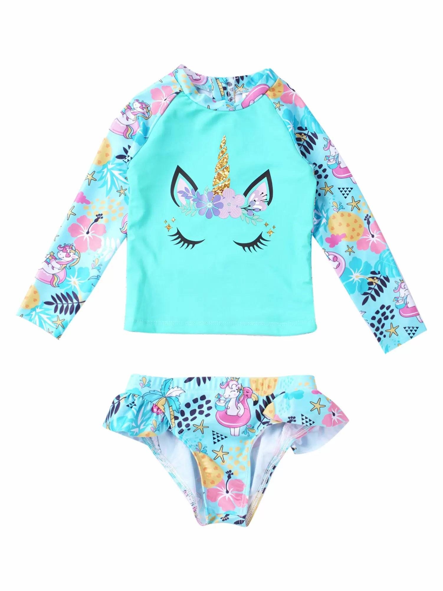 Kids Girls 2pcs Unicorn Print Rash Guard and Briefs Swimsuit Set