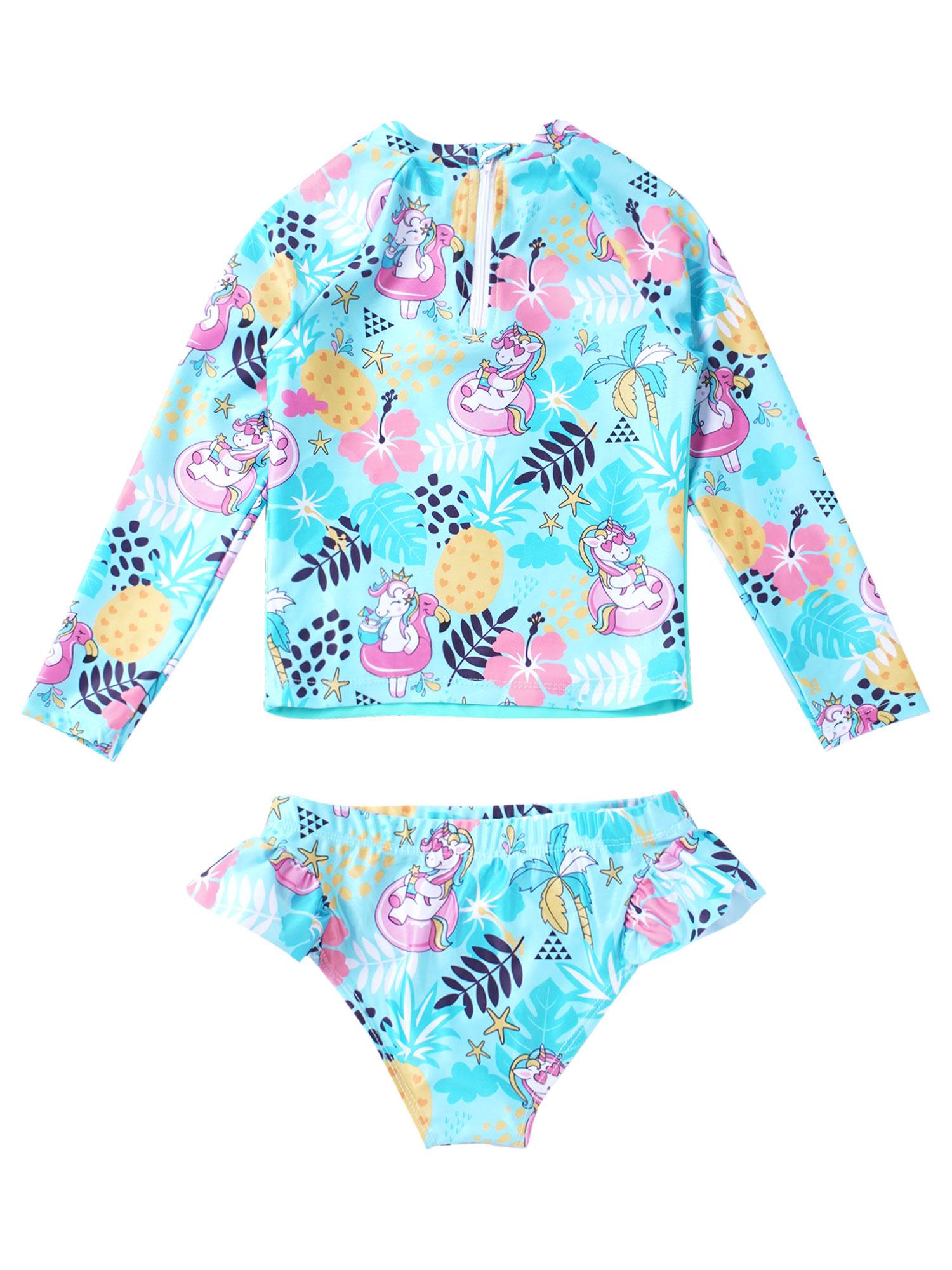 Kids Girls 2pcs Unicorn Print Rash Guard and Briefs Swimsuit Set