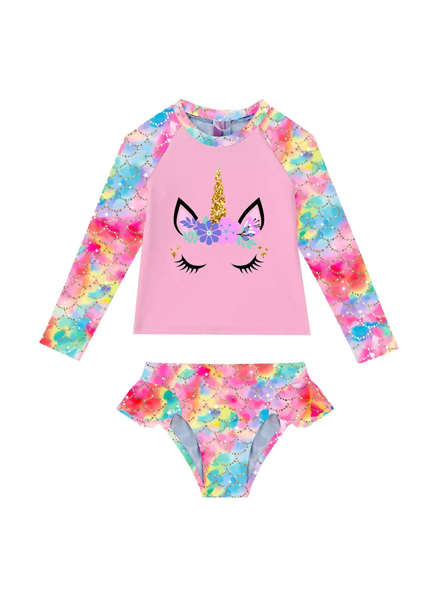 Kids Girls 2pcs Unicorn Print Rash Guard and Briefs Swimsuit Set