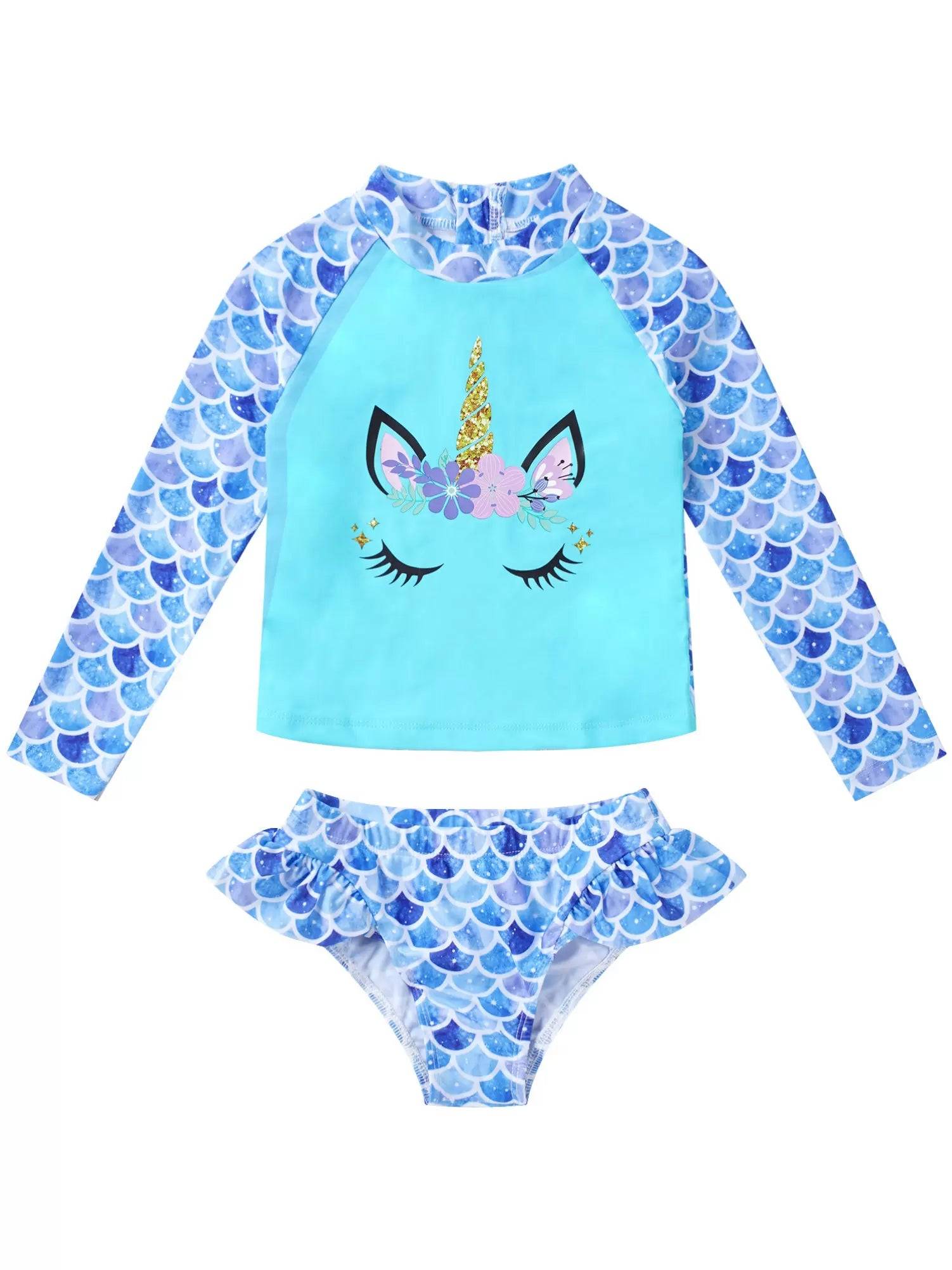 Kids Girls 2pcs Unicorn Print Rash Guard and Briefs Swimsuit Set