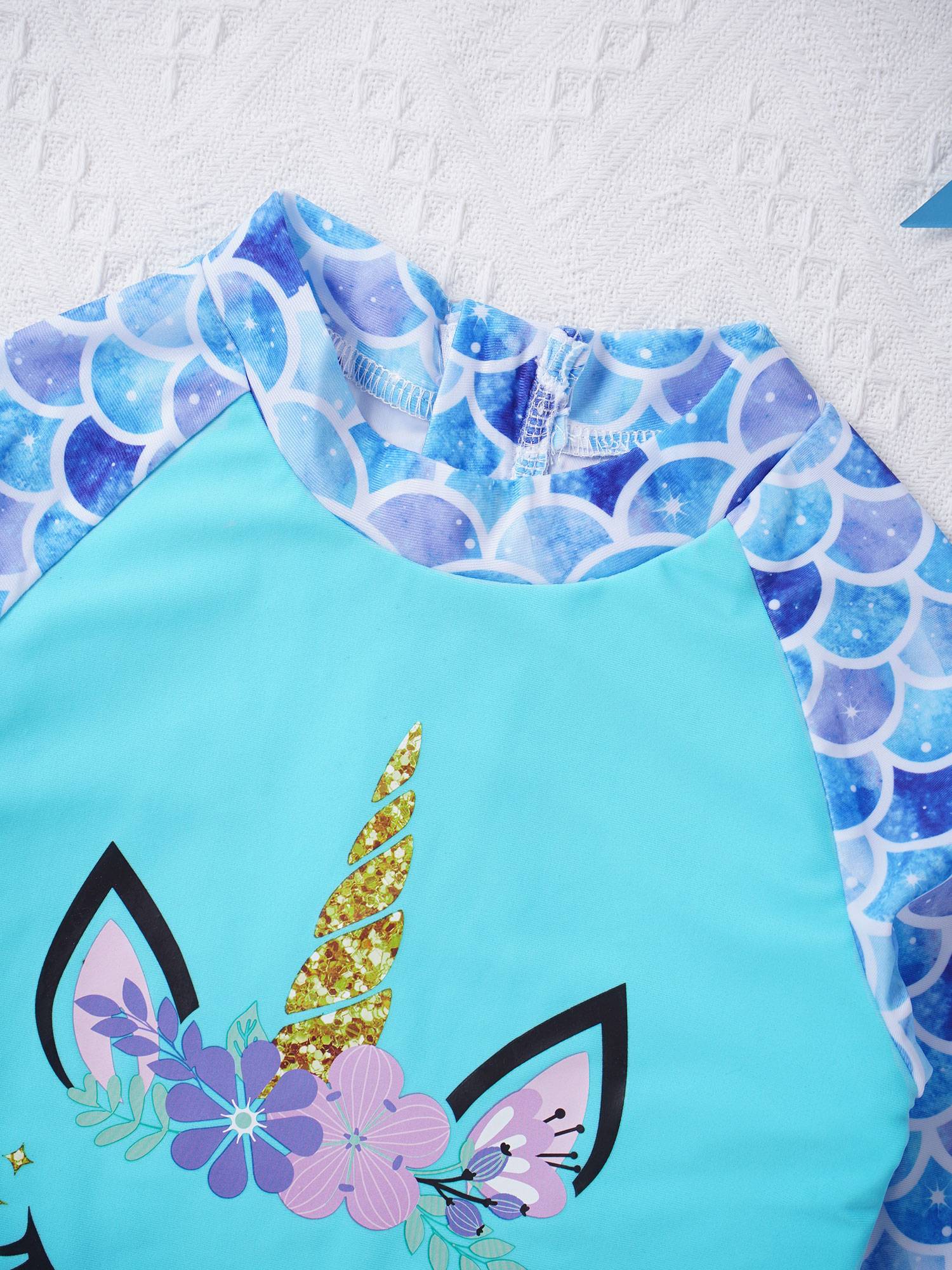 Kids Girls 2pcs Unicorn Print Rash Guard and Briefs Swimsuit Set