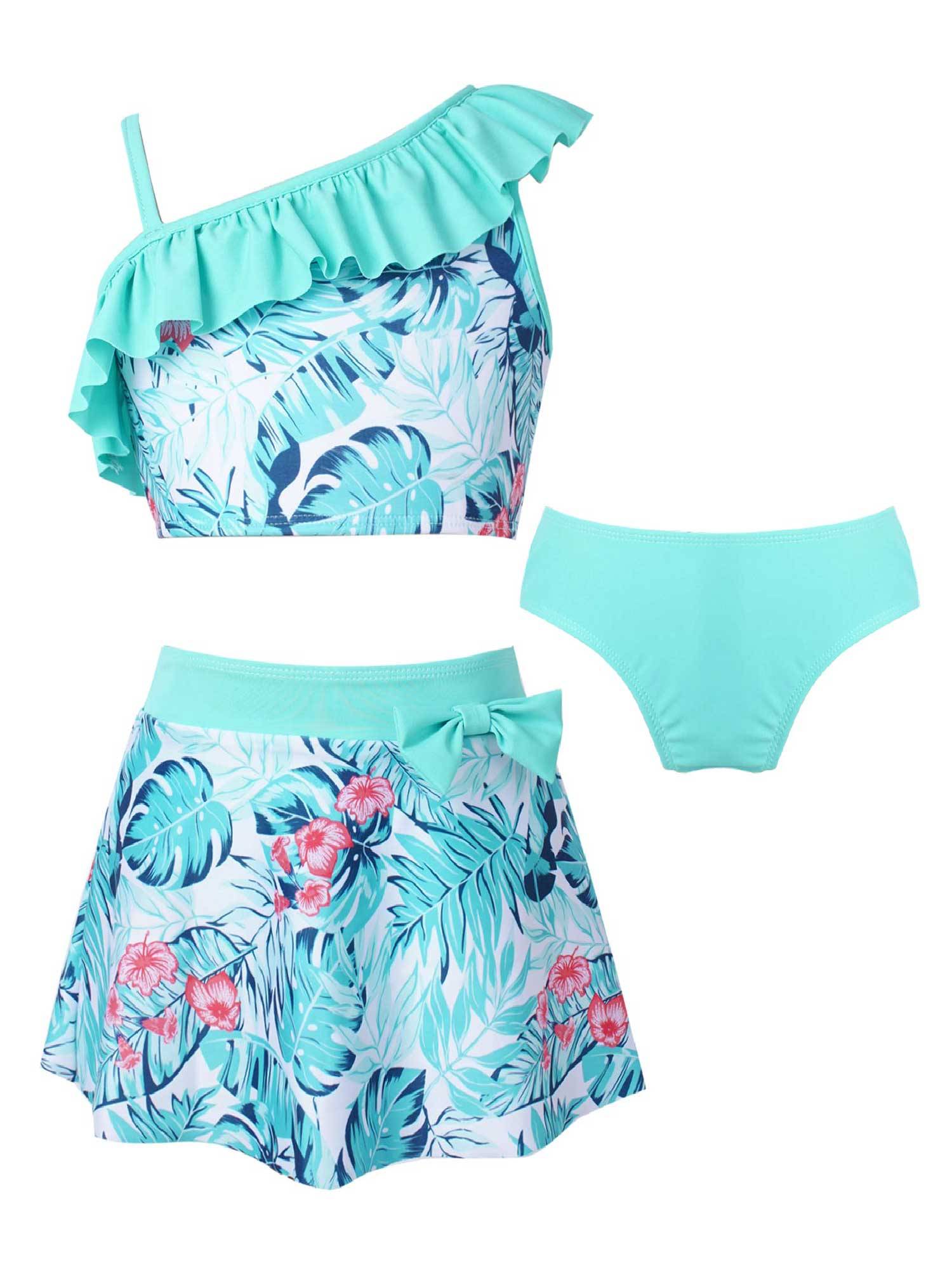 Kids Girls 3pcs One Shoulder Ruffle Top with Skirt and Briefs Swim Set