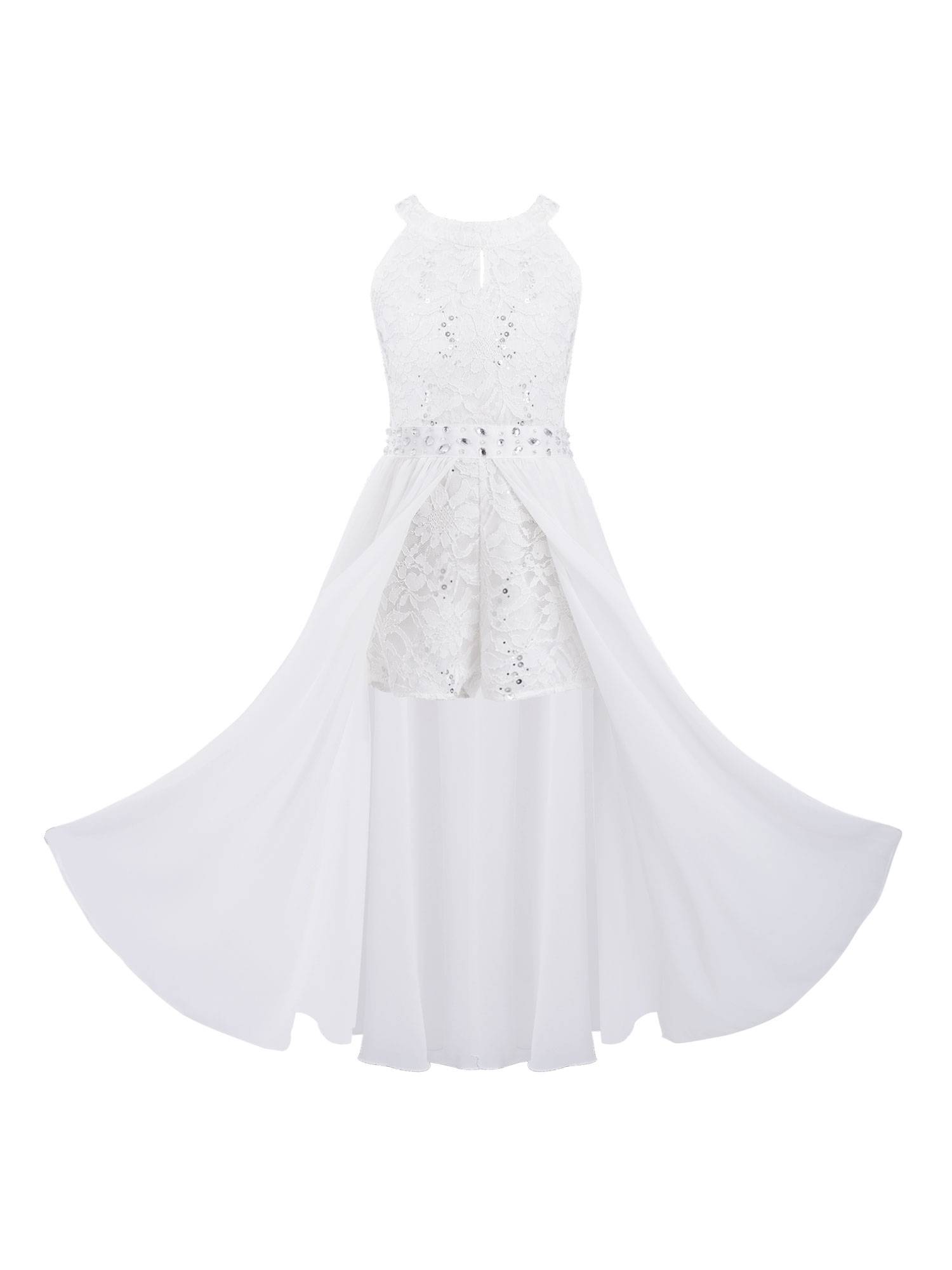 Girls Sleeveless Floral Lace Maxi Romper Prom Dress