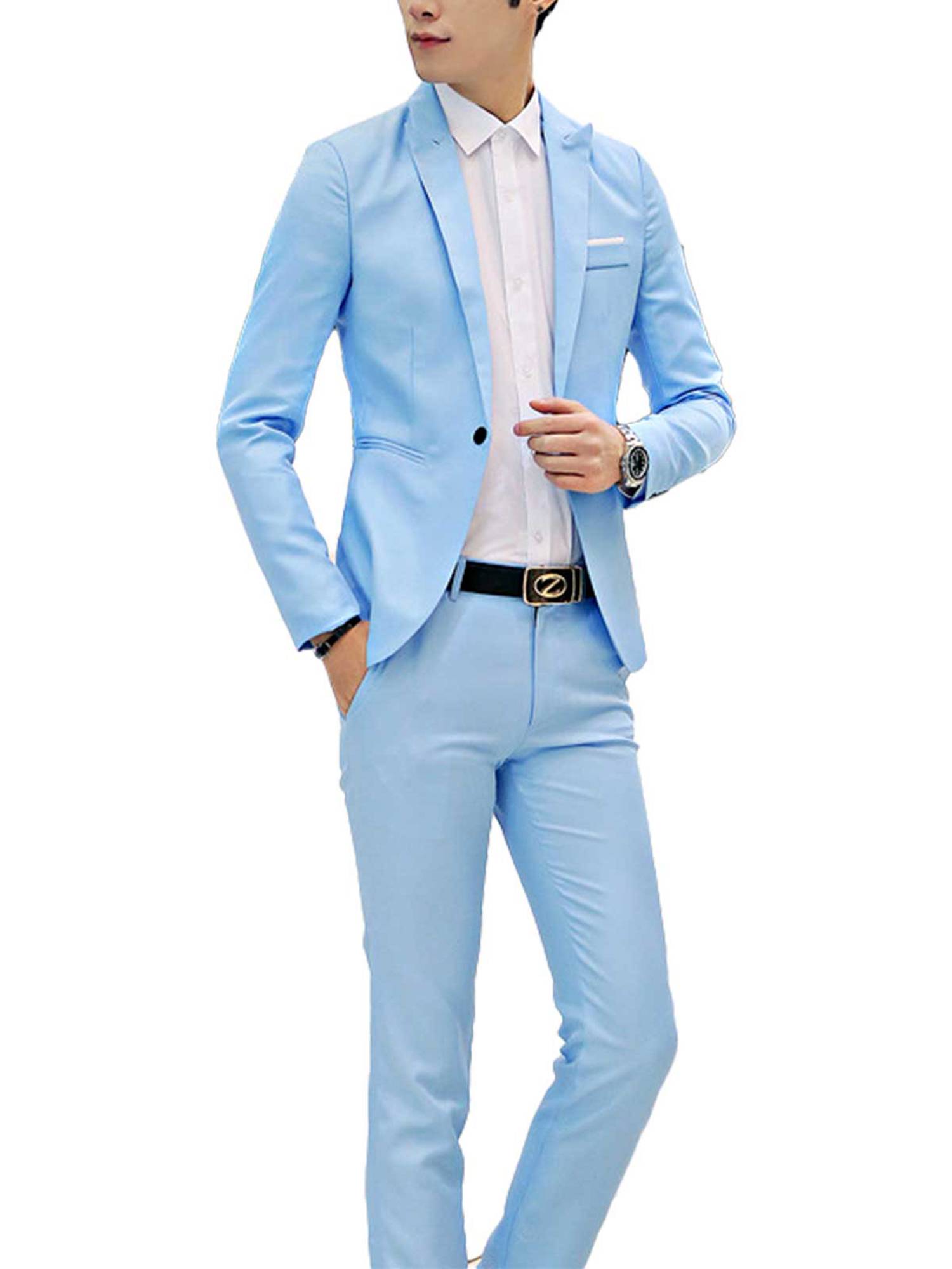 Men 2pcs One-Button Notch Lapel Long Sleeve Blazer Pants Gentleman Suit