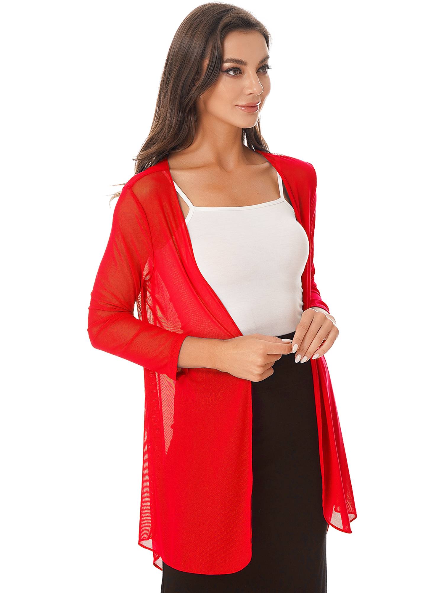 Women 3/4 Sleeve Chiffon Plus Size Cardigan High-Low Long Shrug