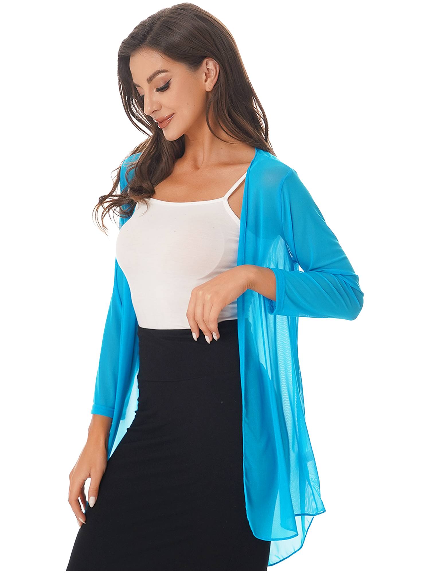 Women 3/4 Sleeve Chiffon Plus Size Cardigan High-Low Long Shrug