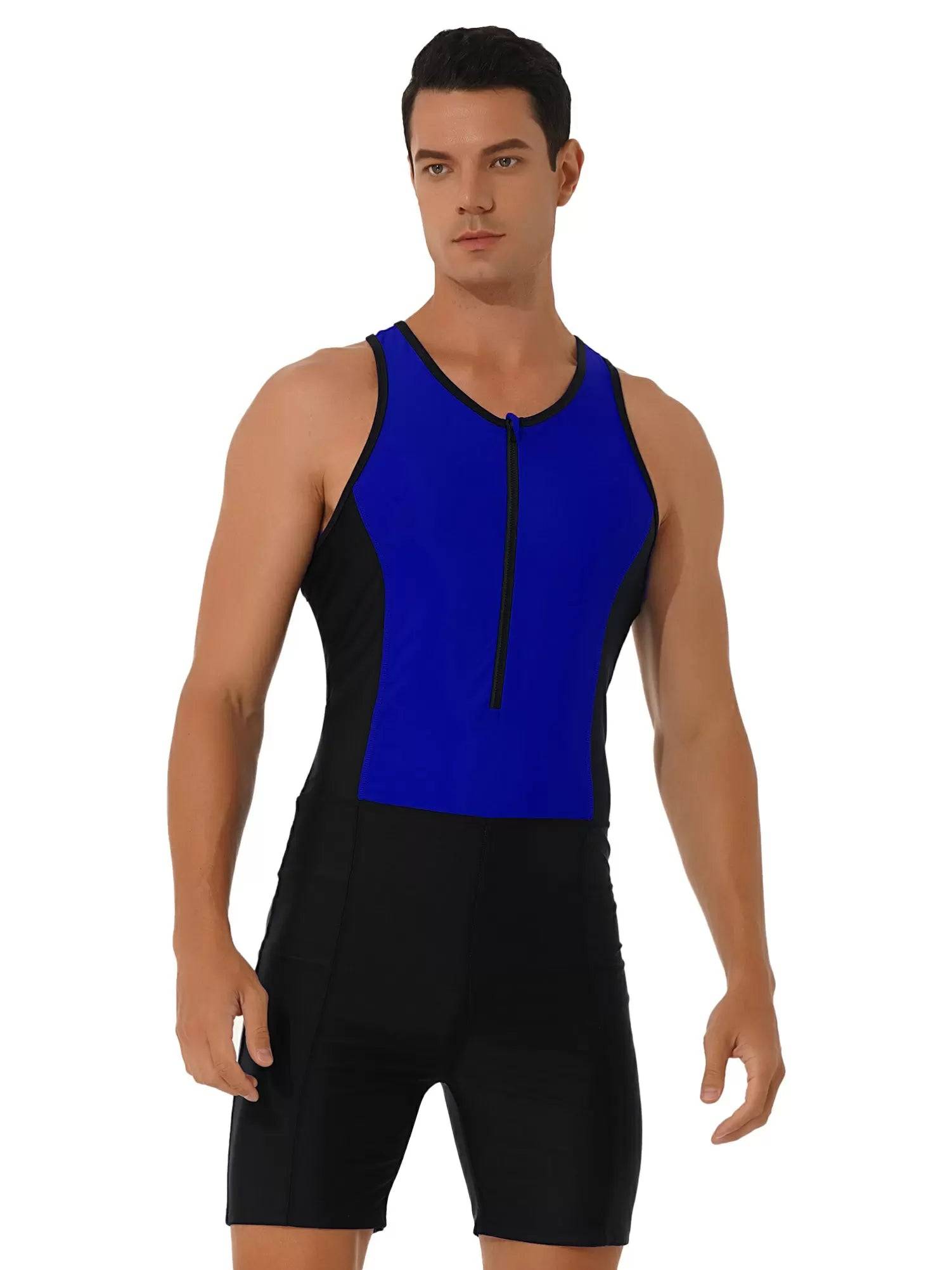 Men Sleeveless Activewear Front Zipper Color Block Jumpsuit