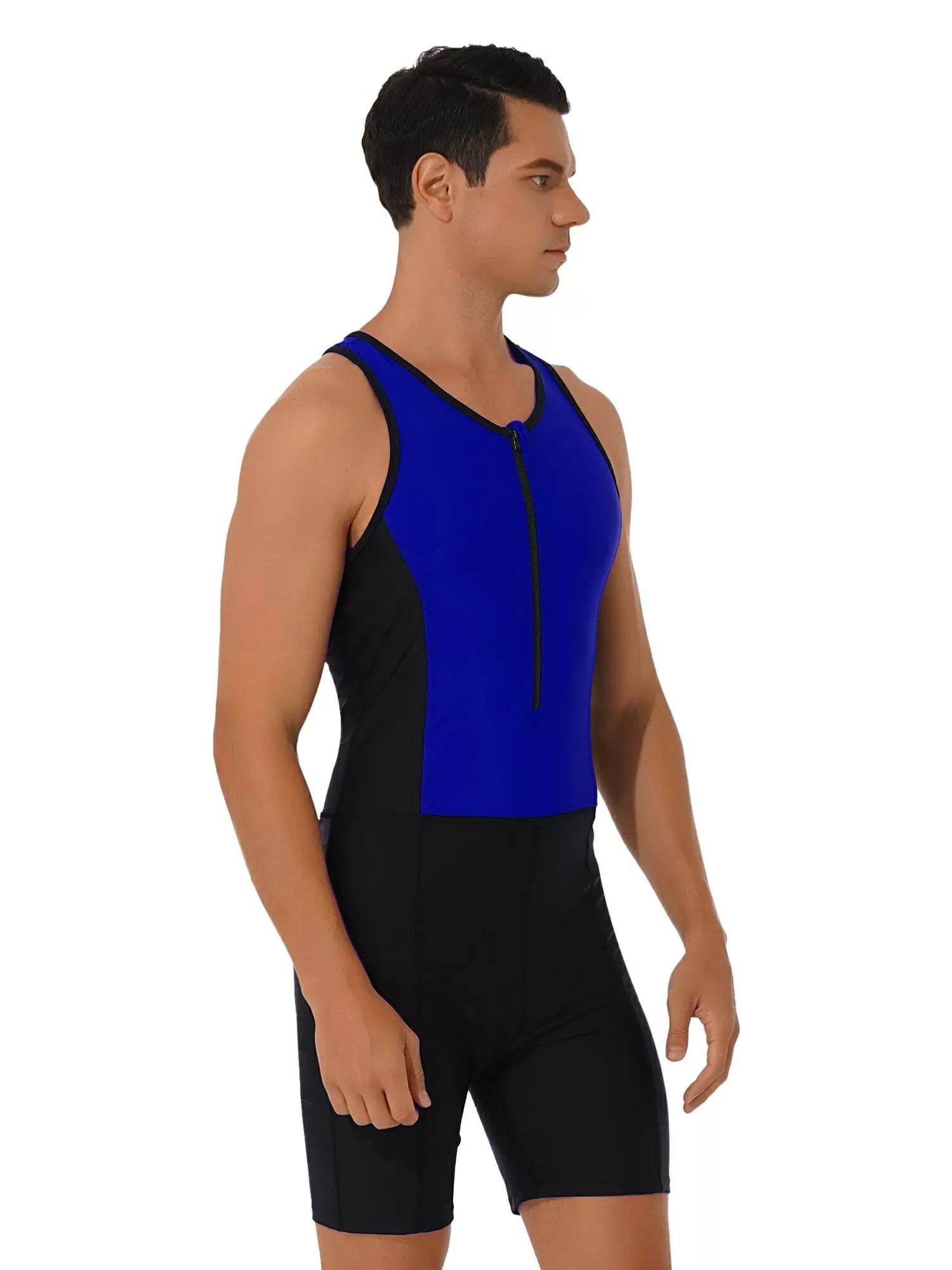 Men Sleeveless Activewear Front Zipper Color Block Jumpsuit
