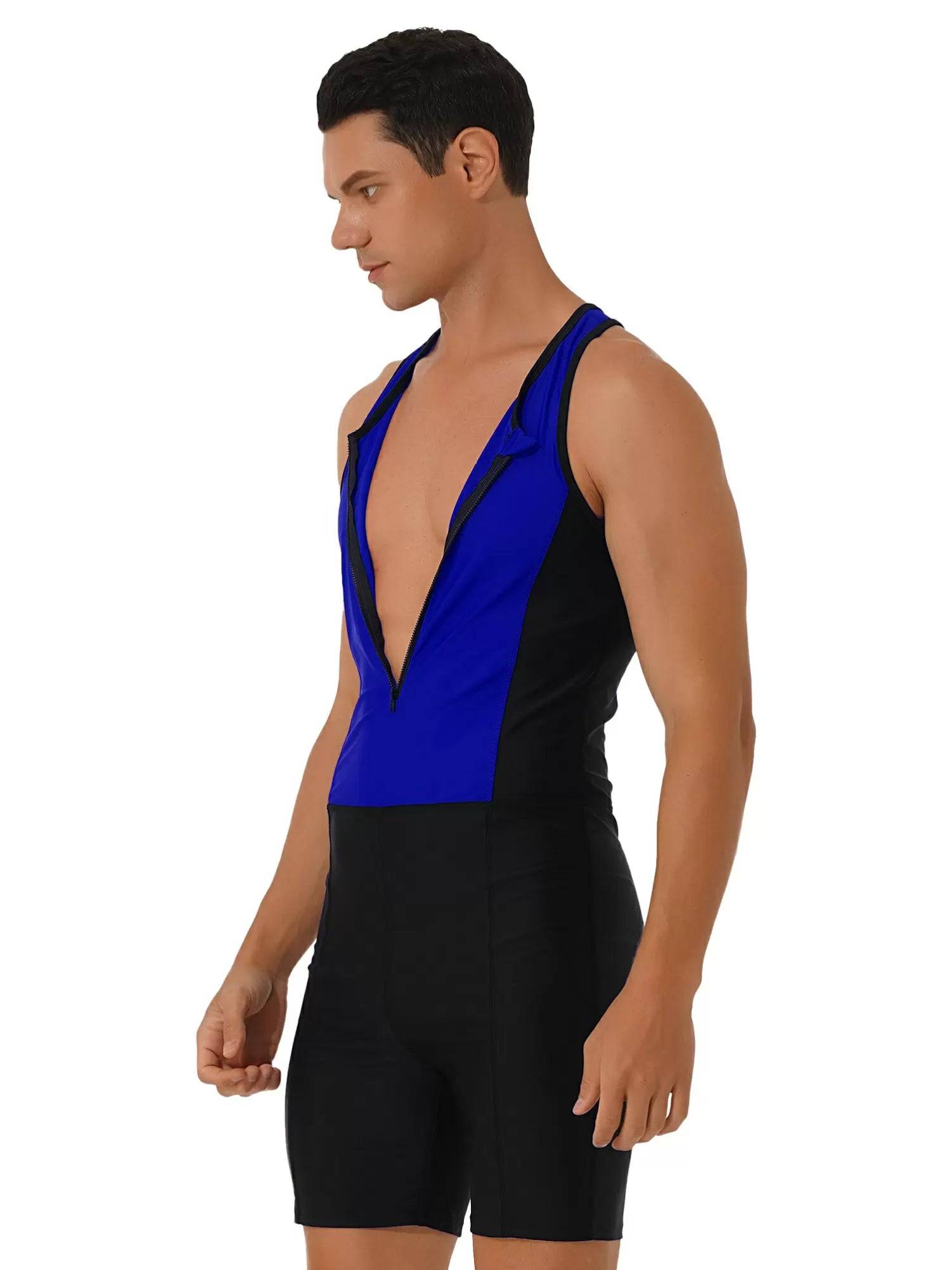 Men Sleeveless Activewear Front Zipper Color Block Jumpsuit