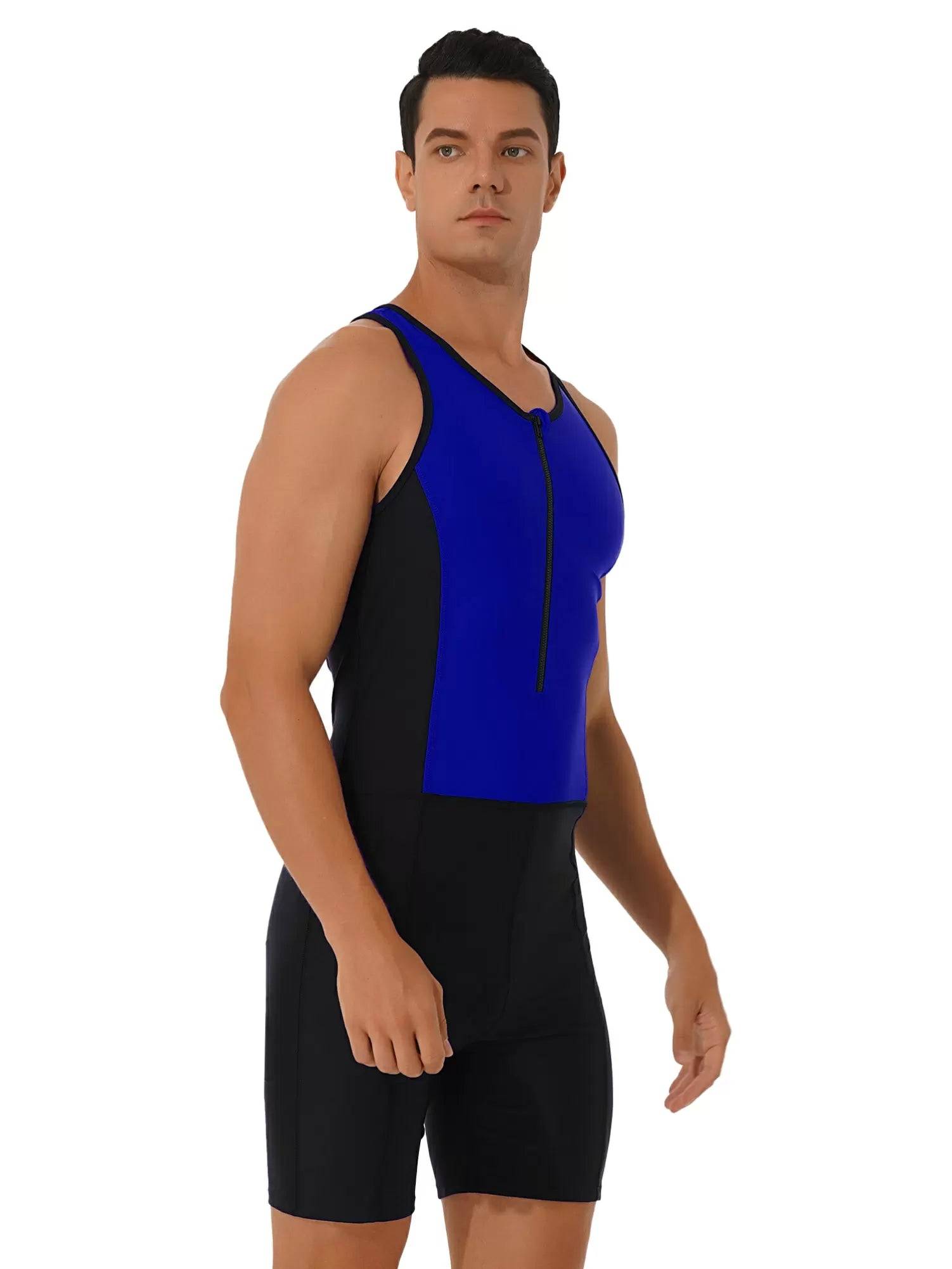Men Sleeveless Activewear Front Zipper Color Block Jumpsuit