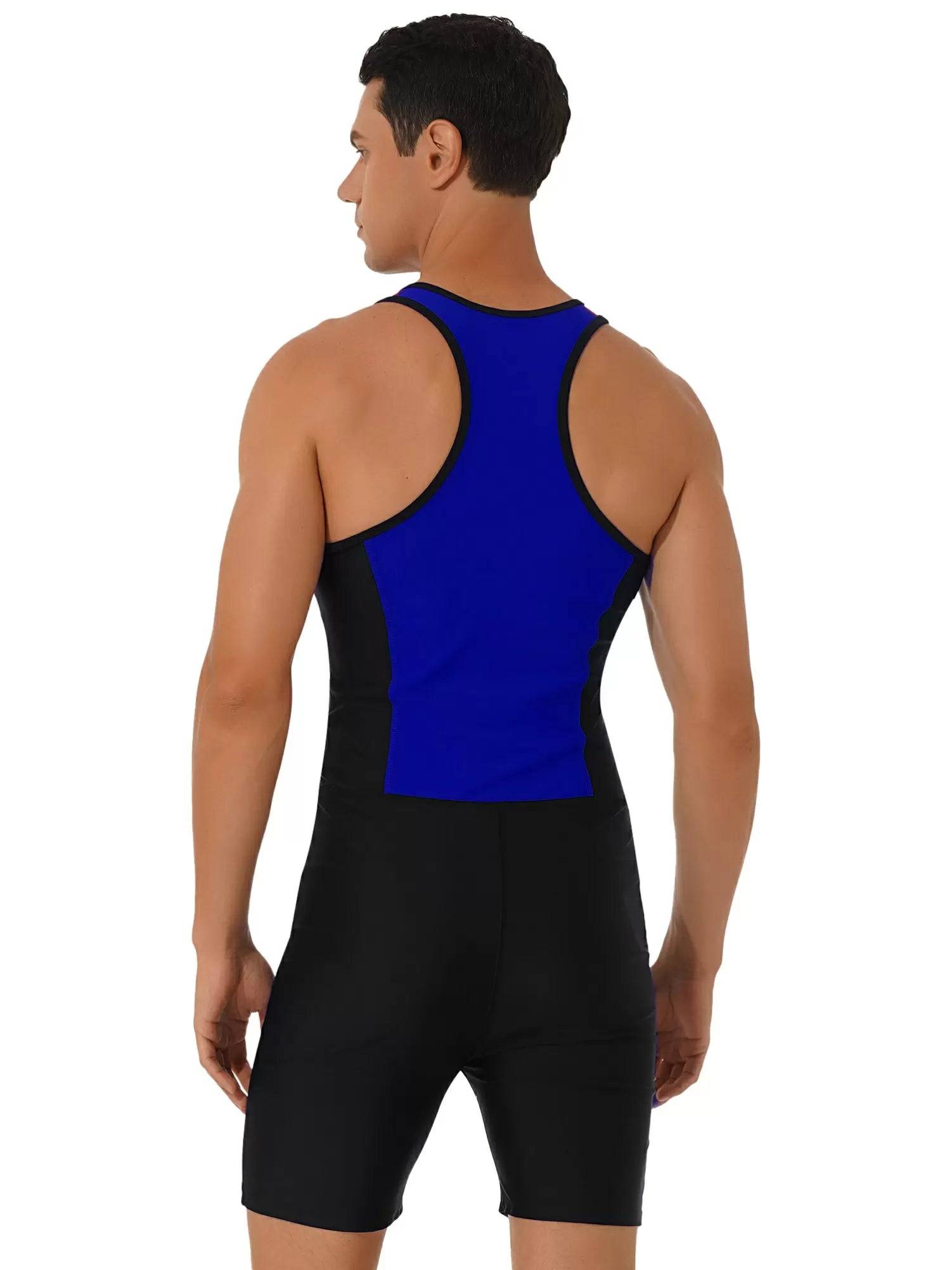 Men Sleeveless Activewear Front Zipper Color Block Jumpsuit