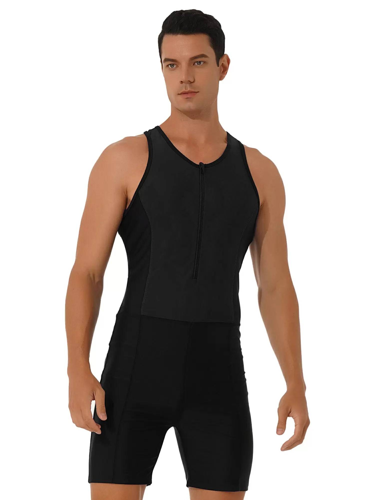 Men Sleeveless Activewear Front Zipper Color Block Jumpsuit