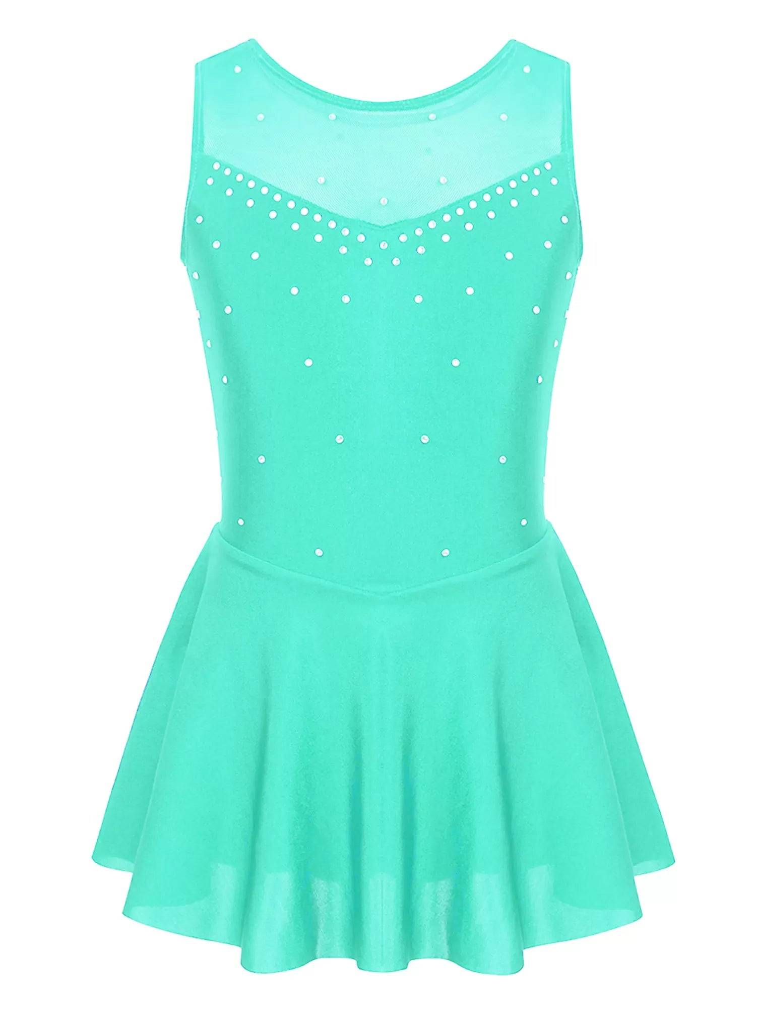 Kids Girls Sleeveless Sparkly Rhinestone Tulle Skating Leotard Dress